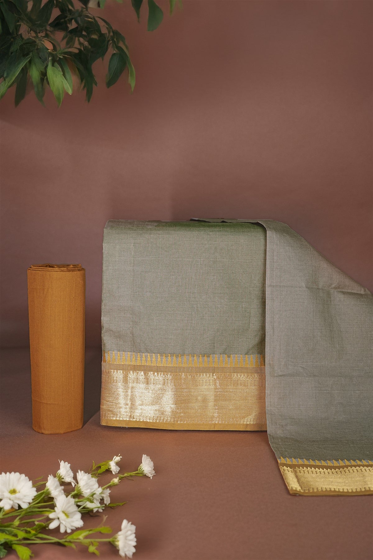Cotton Moss Green Zari Border Dress Material