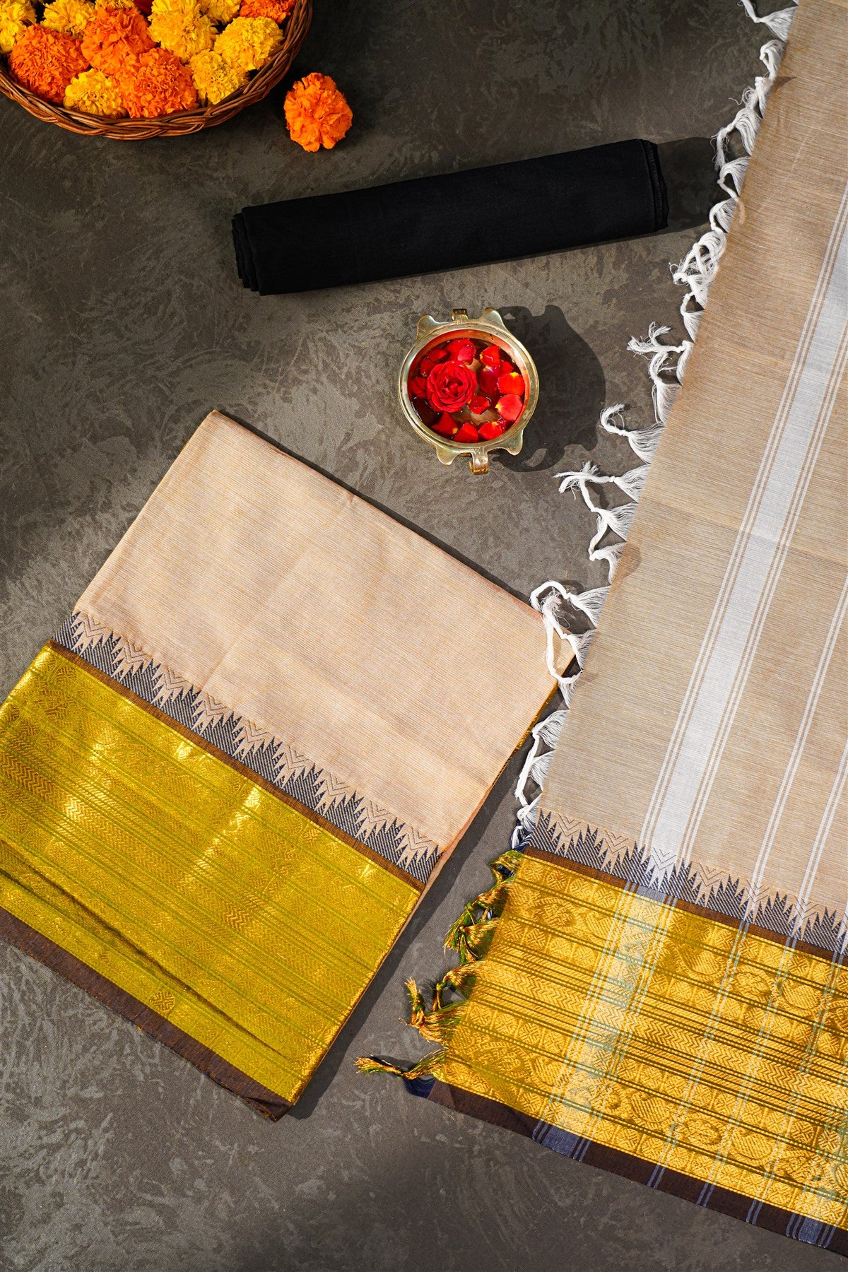 Cotton Beige Temple Border Dress Material
