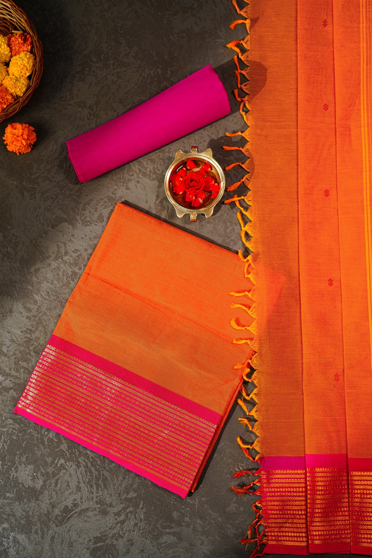 Cotton Orange Zari Work Dress Material