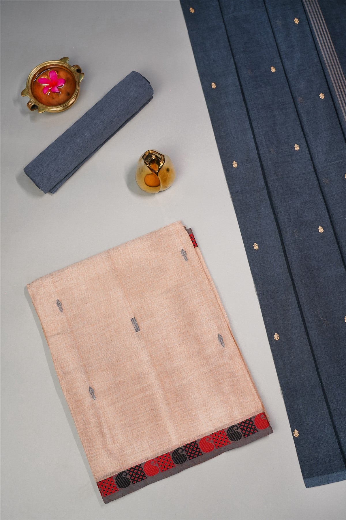 Cotton Peach And Grey Butta Design Dress Material