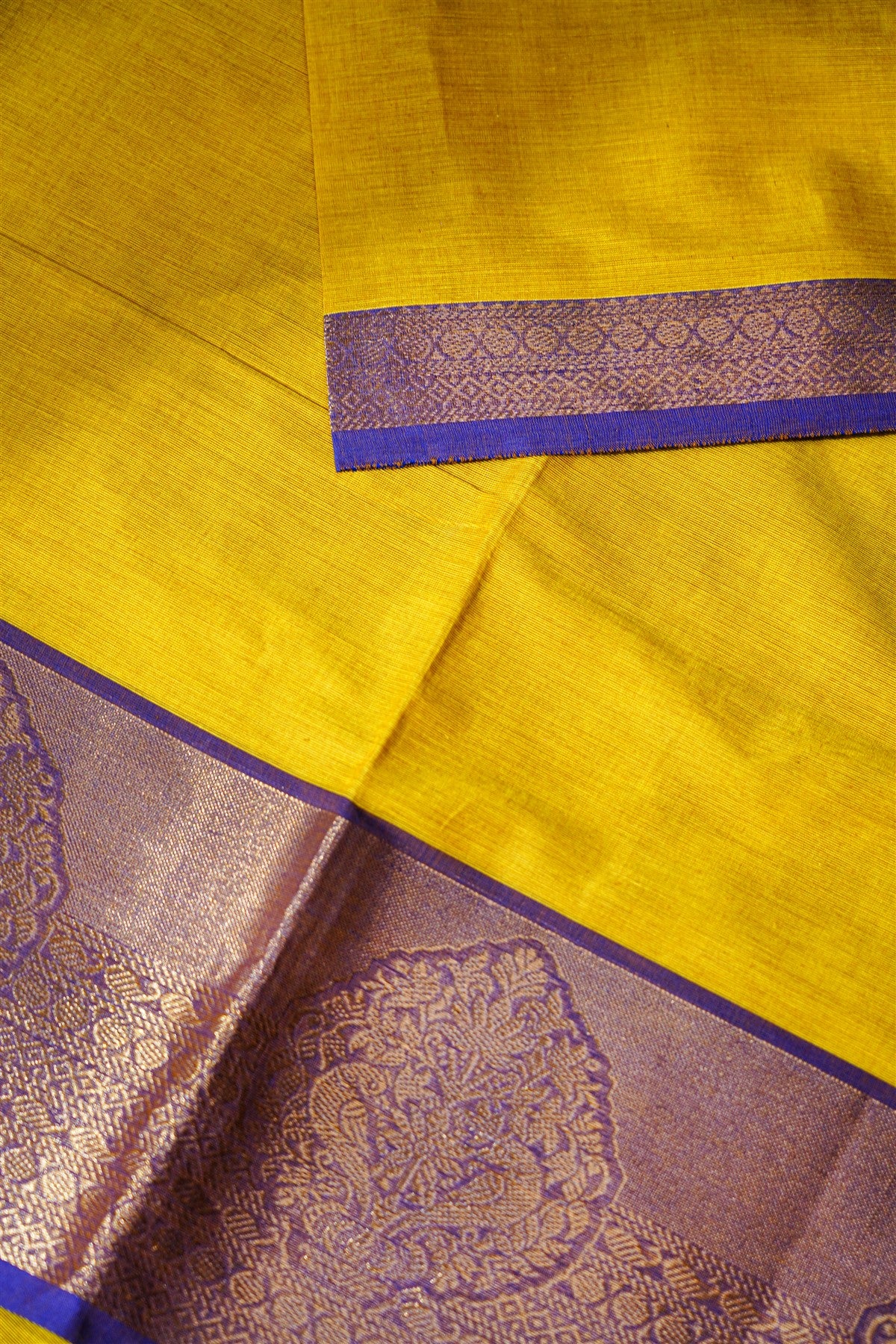 Cotton Mustard Yellow Woven Zari Border Dress Material