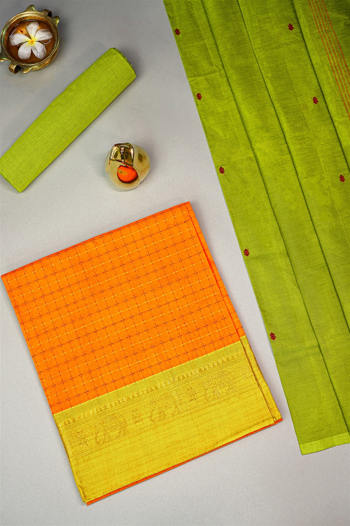 Cotton Orange And Green Checkered Zari Border Dress Material