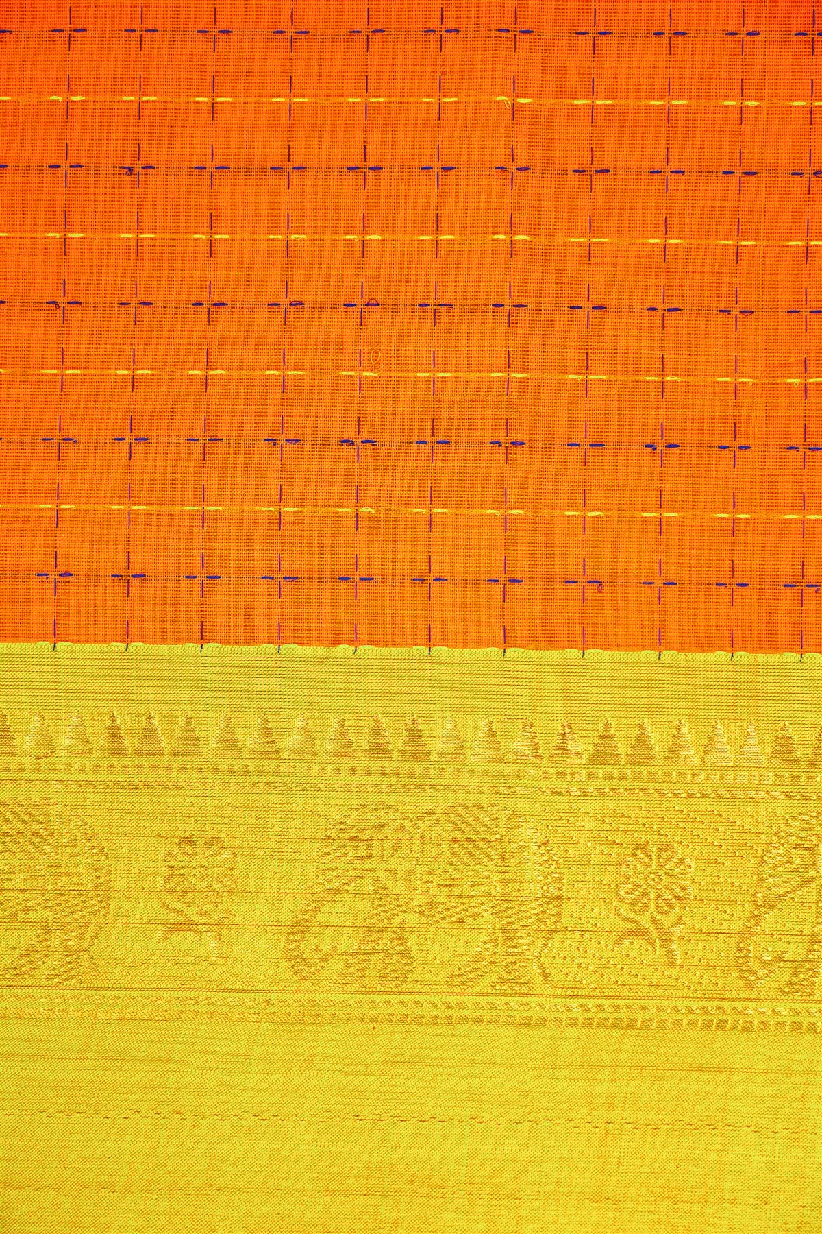 Cotton Orange And Green Checkered Zari Border Dress Material