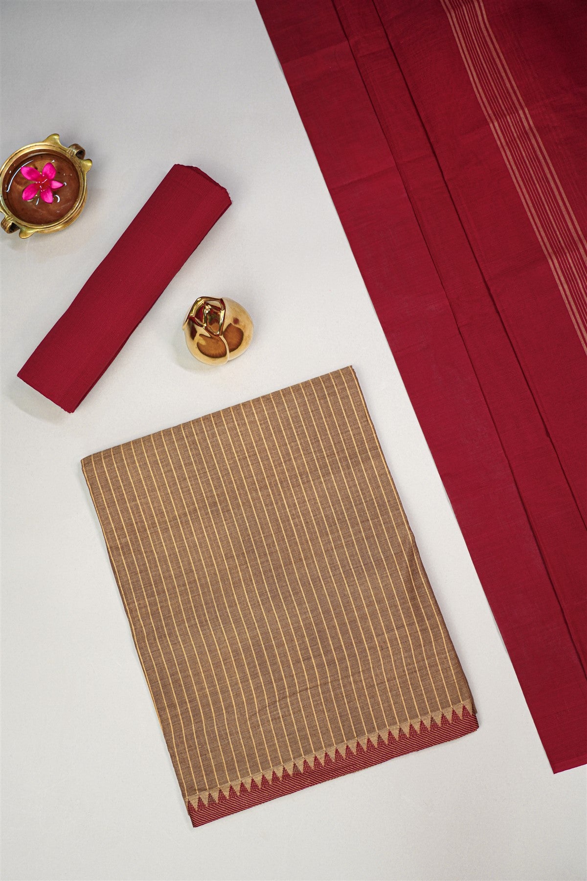 Cotton Brown Striped With Temple Border Dress Material