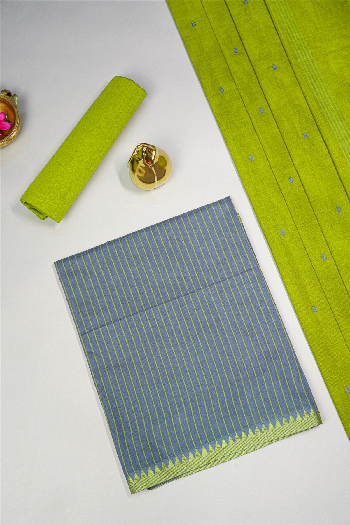 Cotton Grey And Lime Green Striped Dress Material