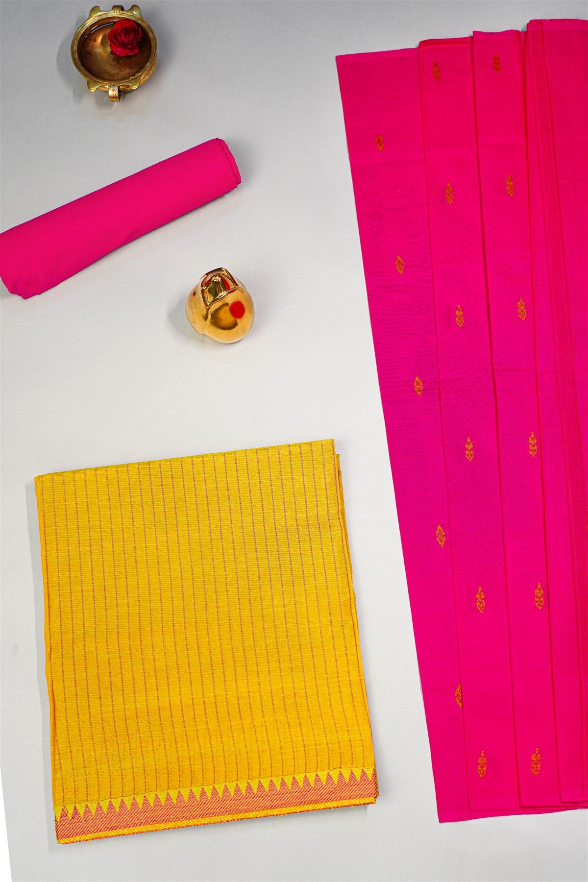 Cotton Yellow Striped With Border Dress Material