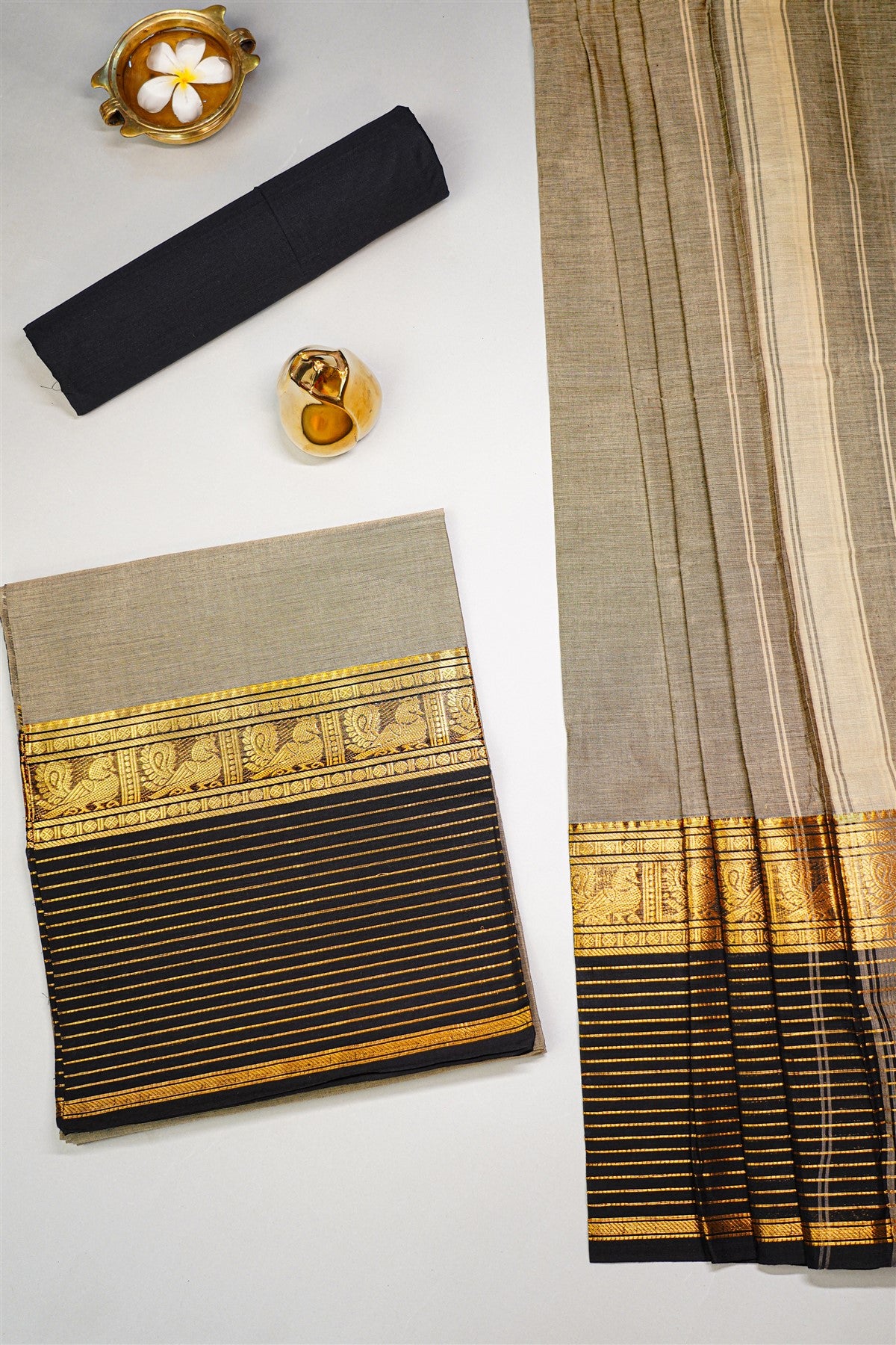 Cotton Grey And Black Zari Border Dress Material