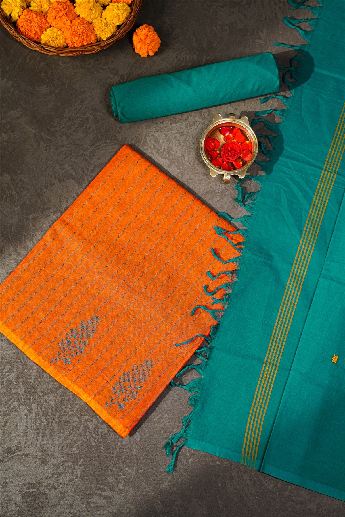 Cotton Orange And Teal Woven Stripe Dress Material