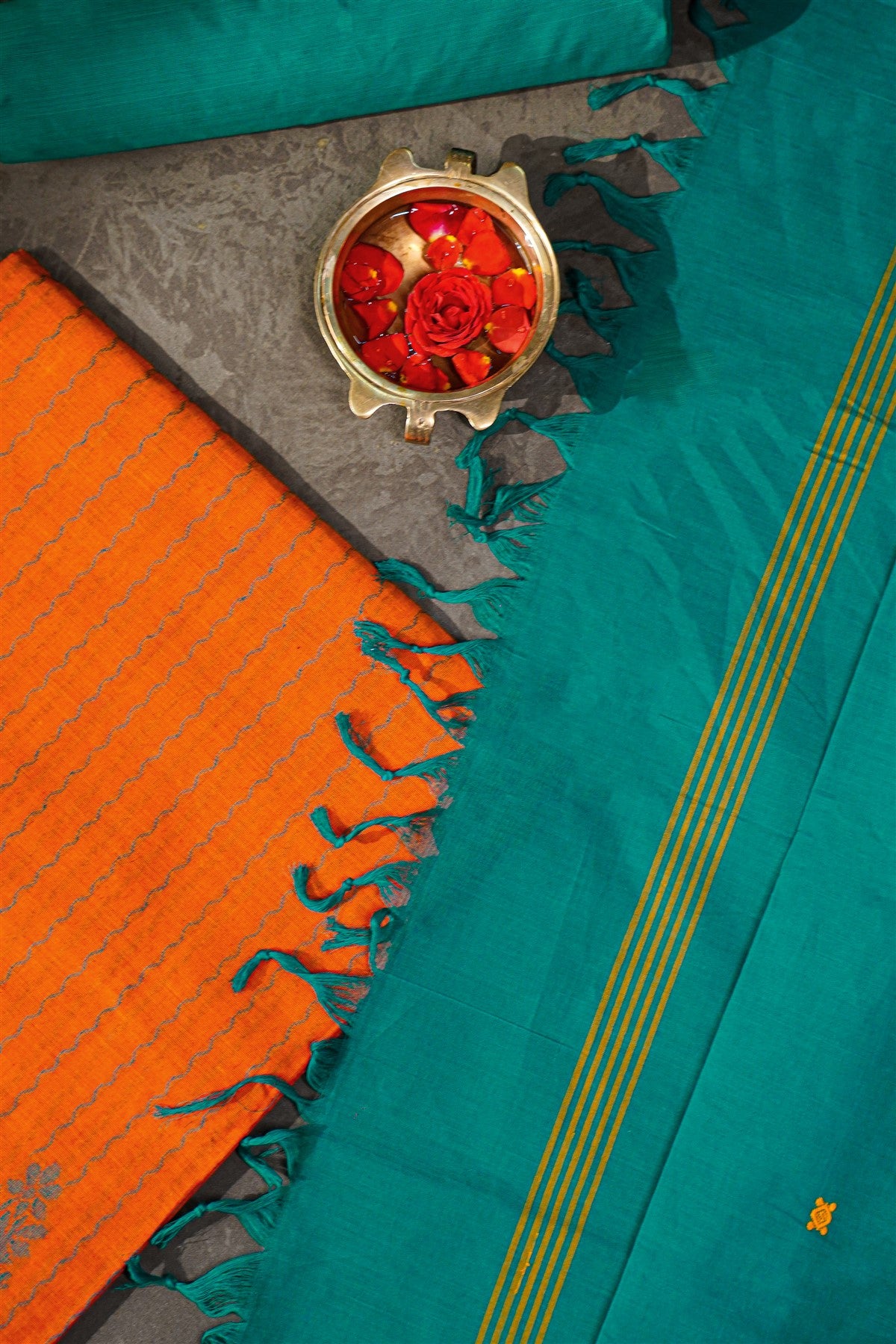 Cotton Orange And Teal Woven Stripe Dress Material