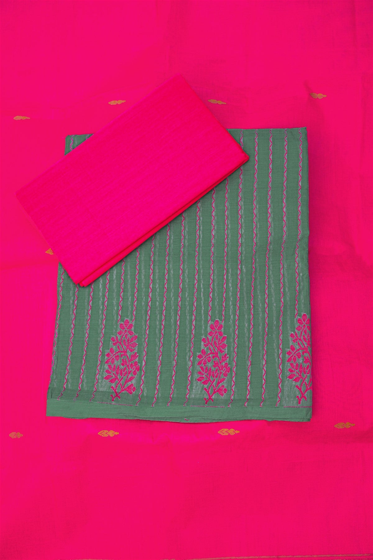 Cotton Green And Pink Woven Floral Dress Material