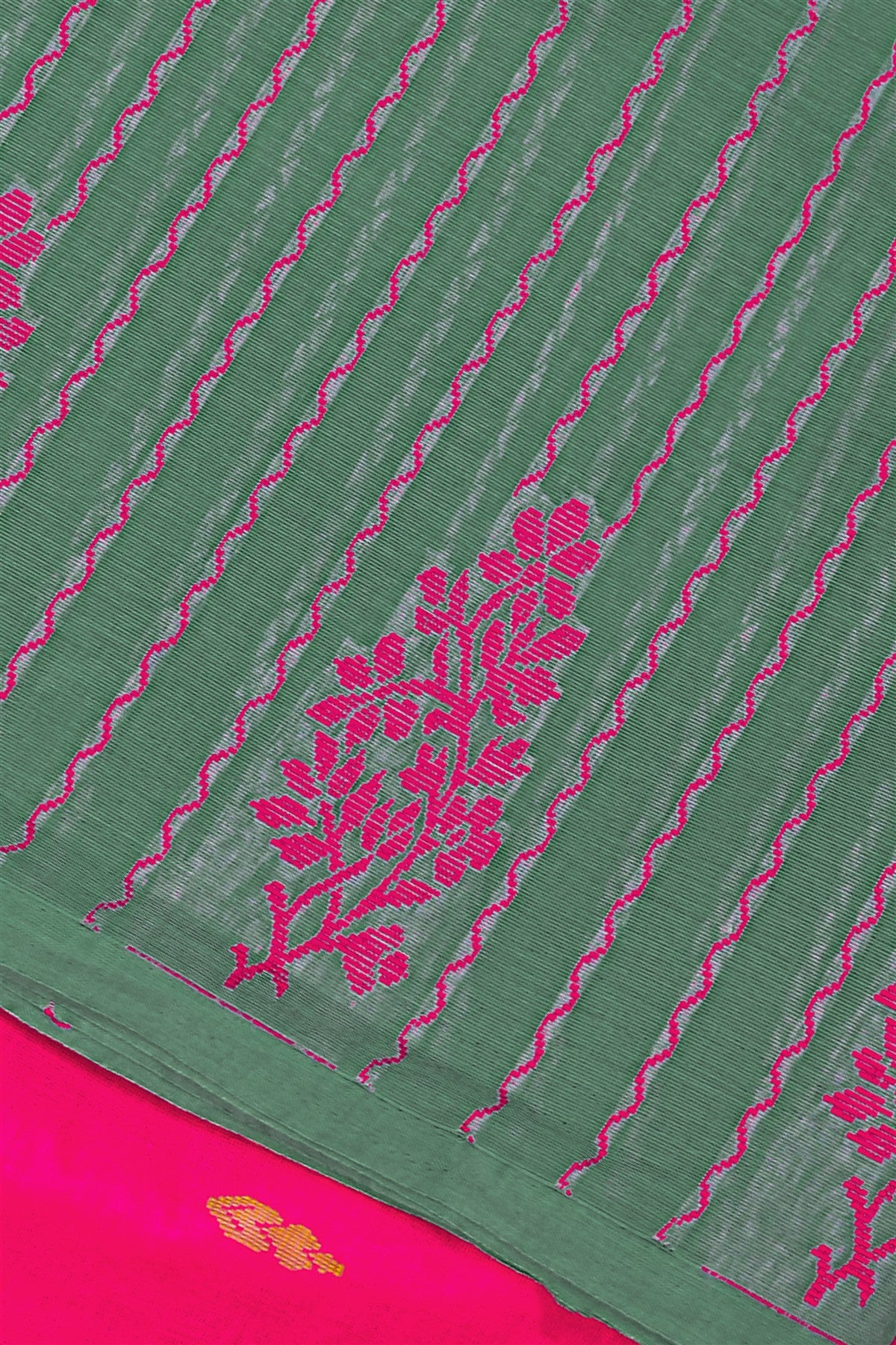 Cotton Green And Pink Woven Floral Dress Material