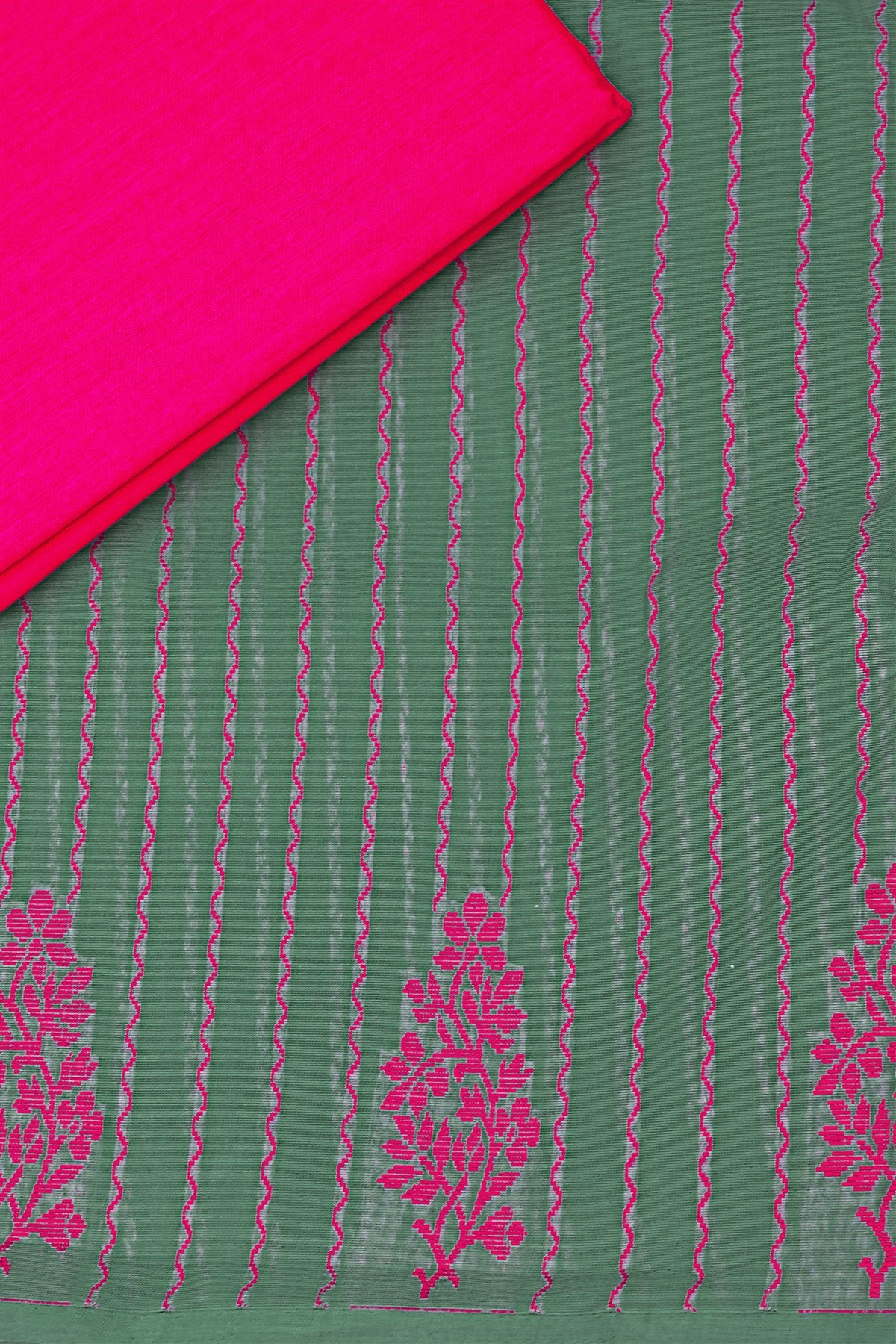 Cotton Green And Pink Woven Floral Dress Material