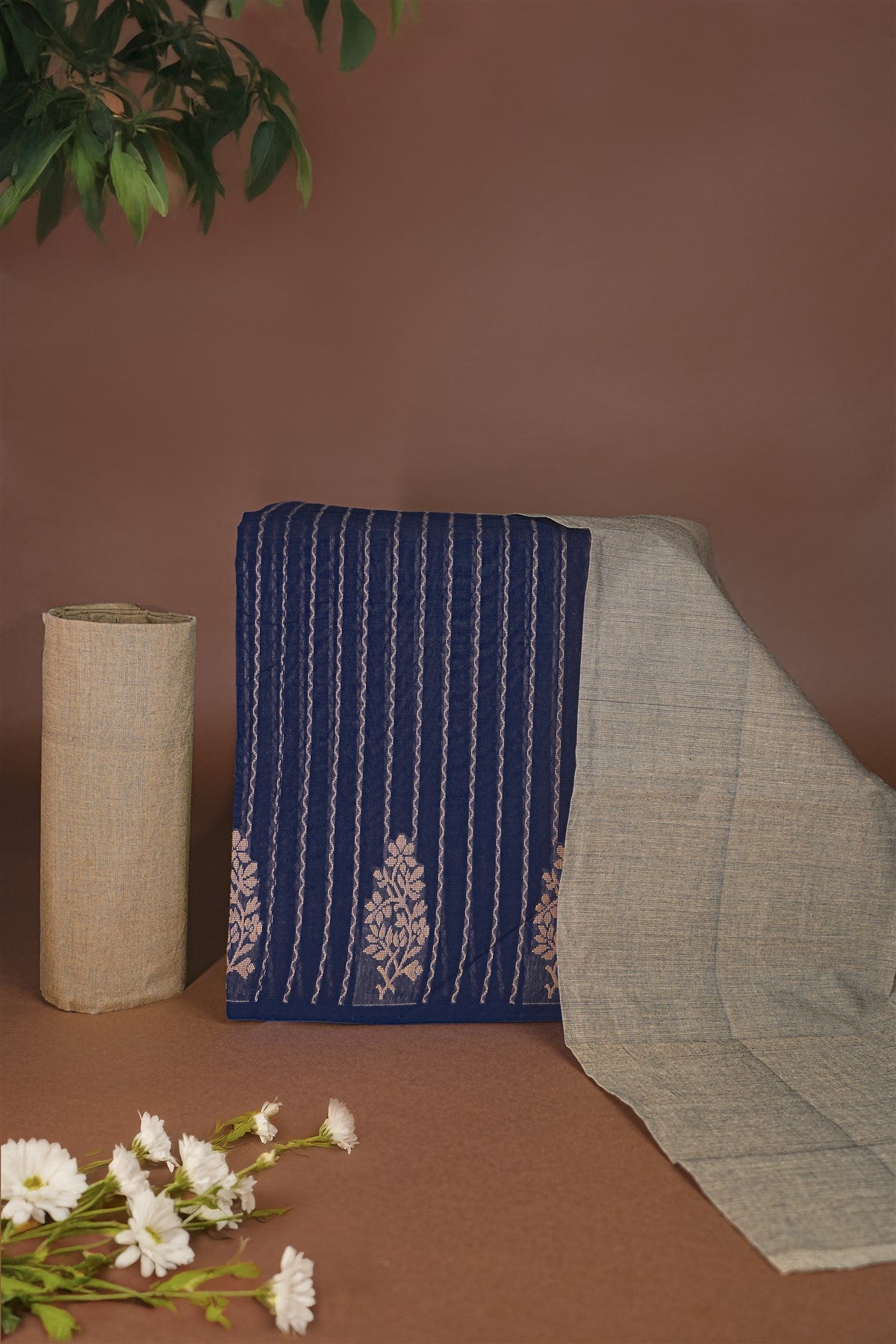 Cotton Navy Blue Woven Stripped Dress Material
