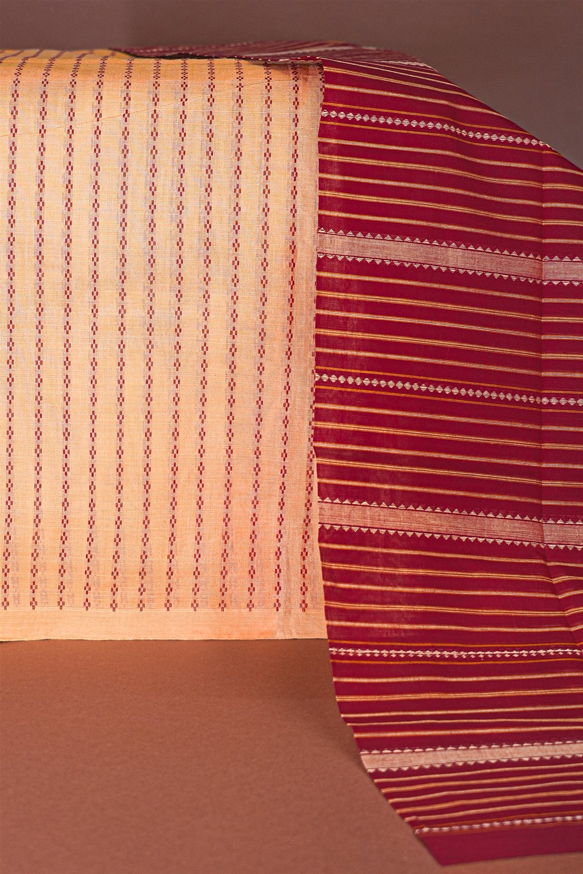 Cotton Beige And Maroon Woven Stripped Dress Material