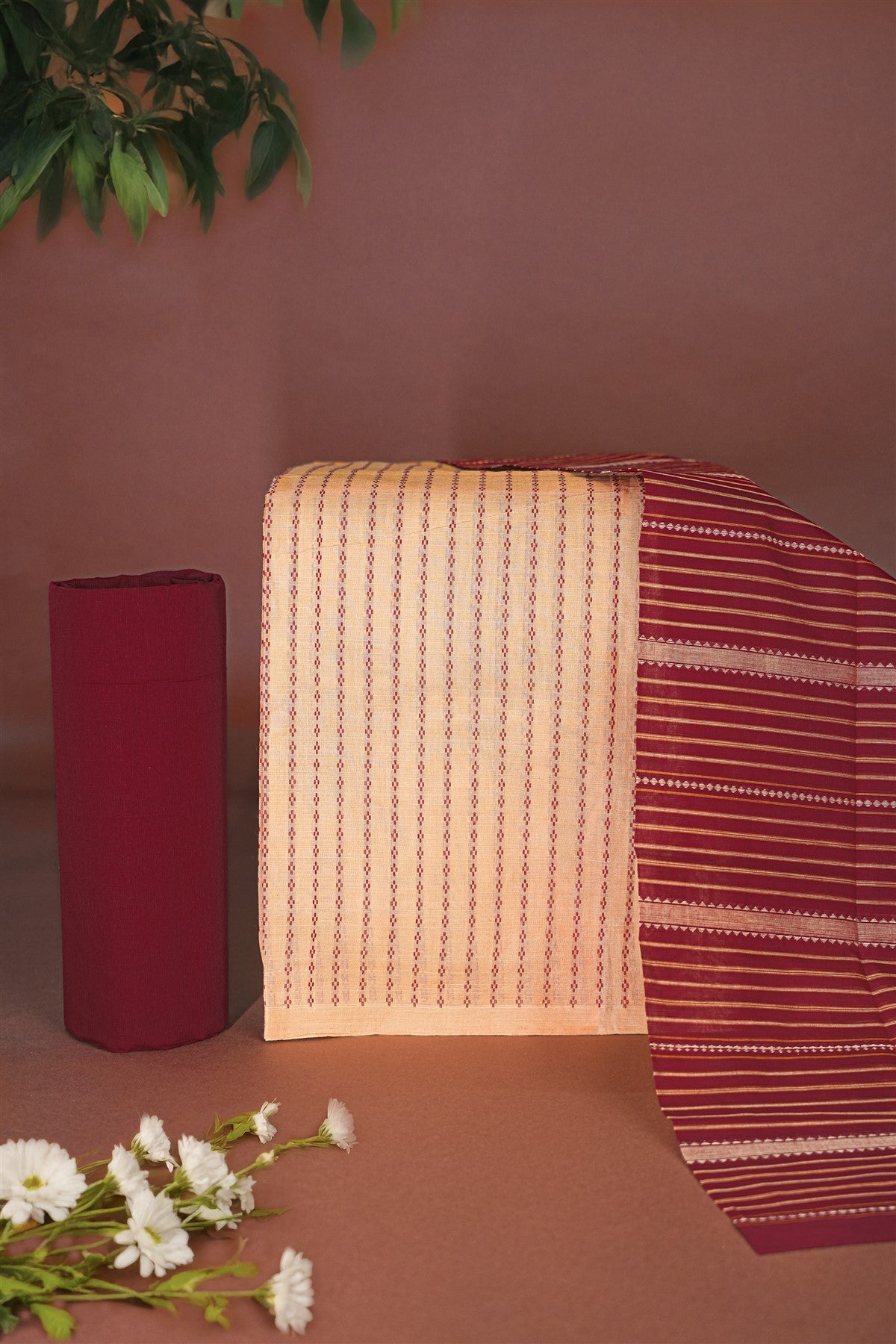 Cotton Beige And Maroon Woven Stripped Dress Material