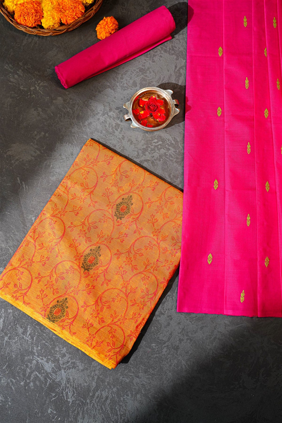 Cotton Mustard Yellow Floral Banarasi Dress Material