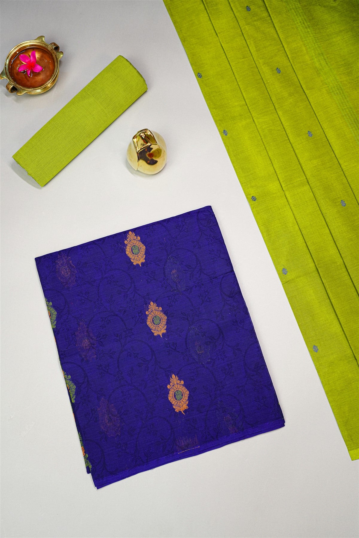 Cotton Navy Blue And Lime Green Woven Butta Dress Material