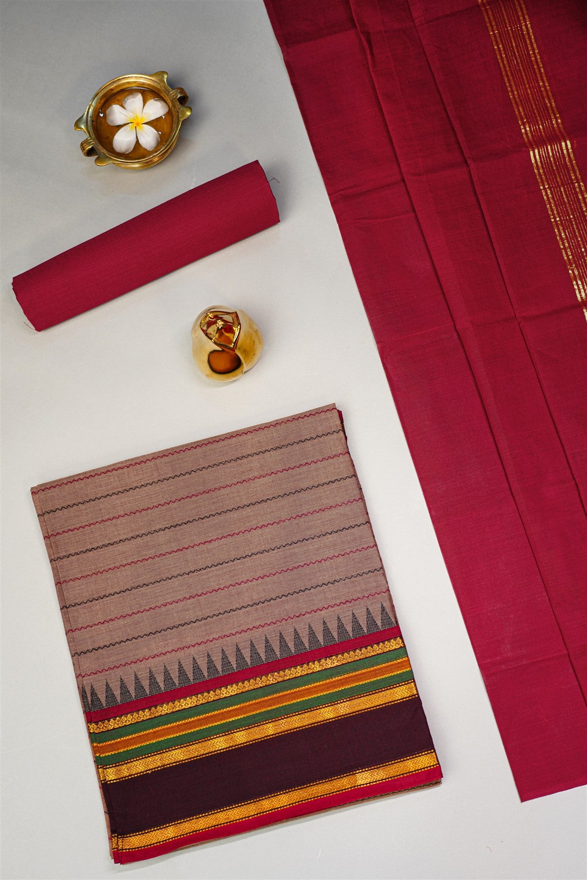 Cotton Brown Striped And Temple Border Dress Material