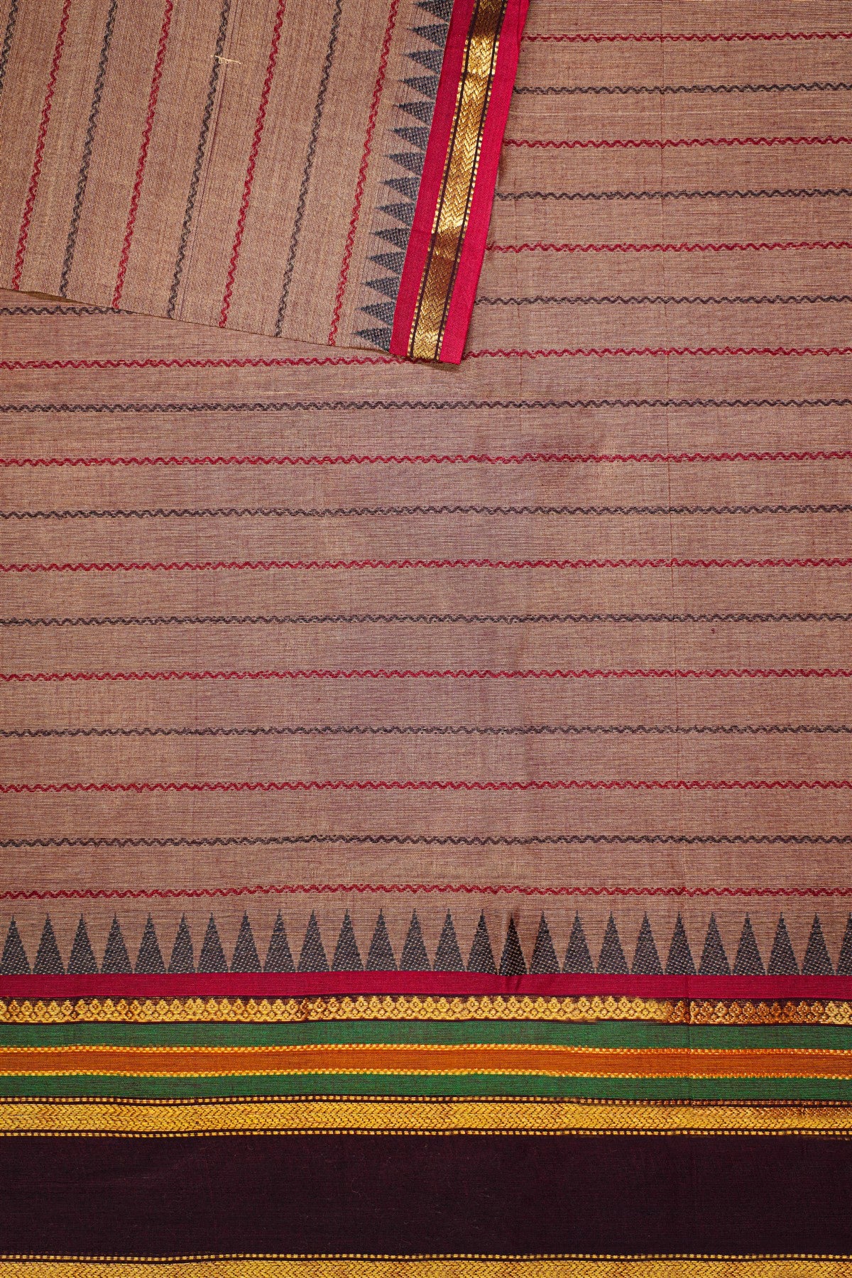 Cotton Brown Striped And Temple Border Dress Material