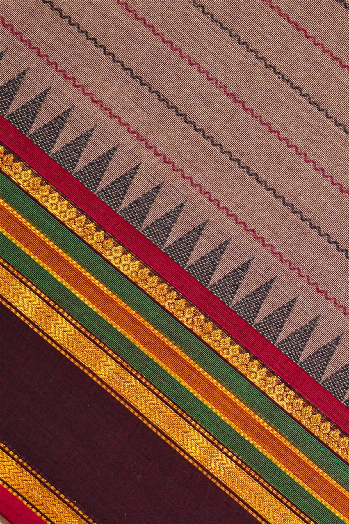 Cotton Brown Striped And Temple Border Dress Material