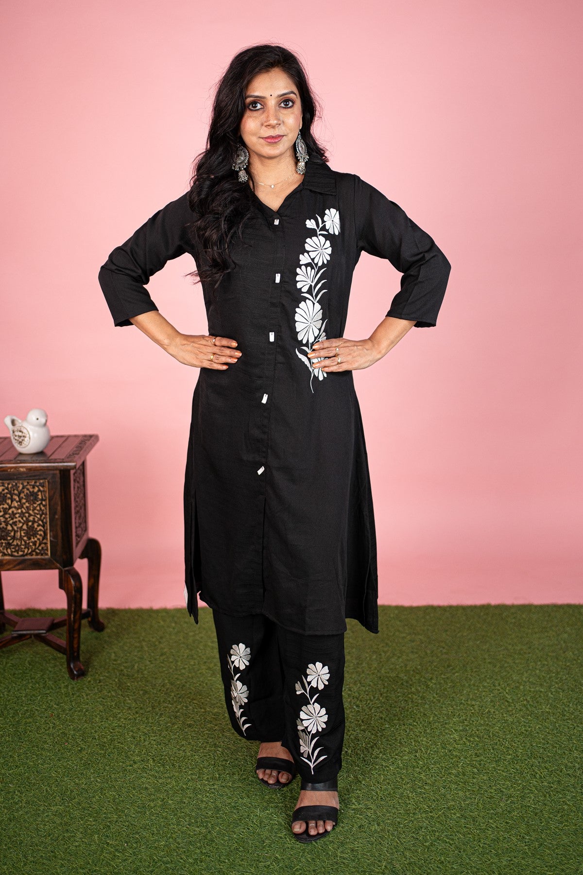 Rayon Twill Embroidered Black Kurti Set