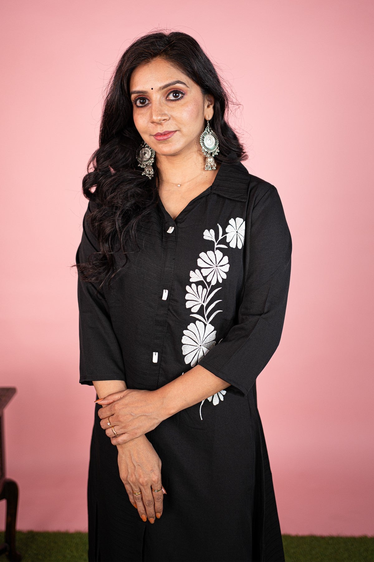 Rayon Twill Embroidered Black Kurti Set