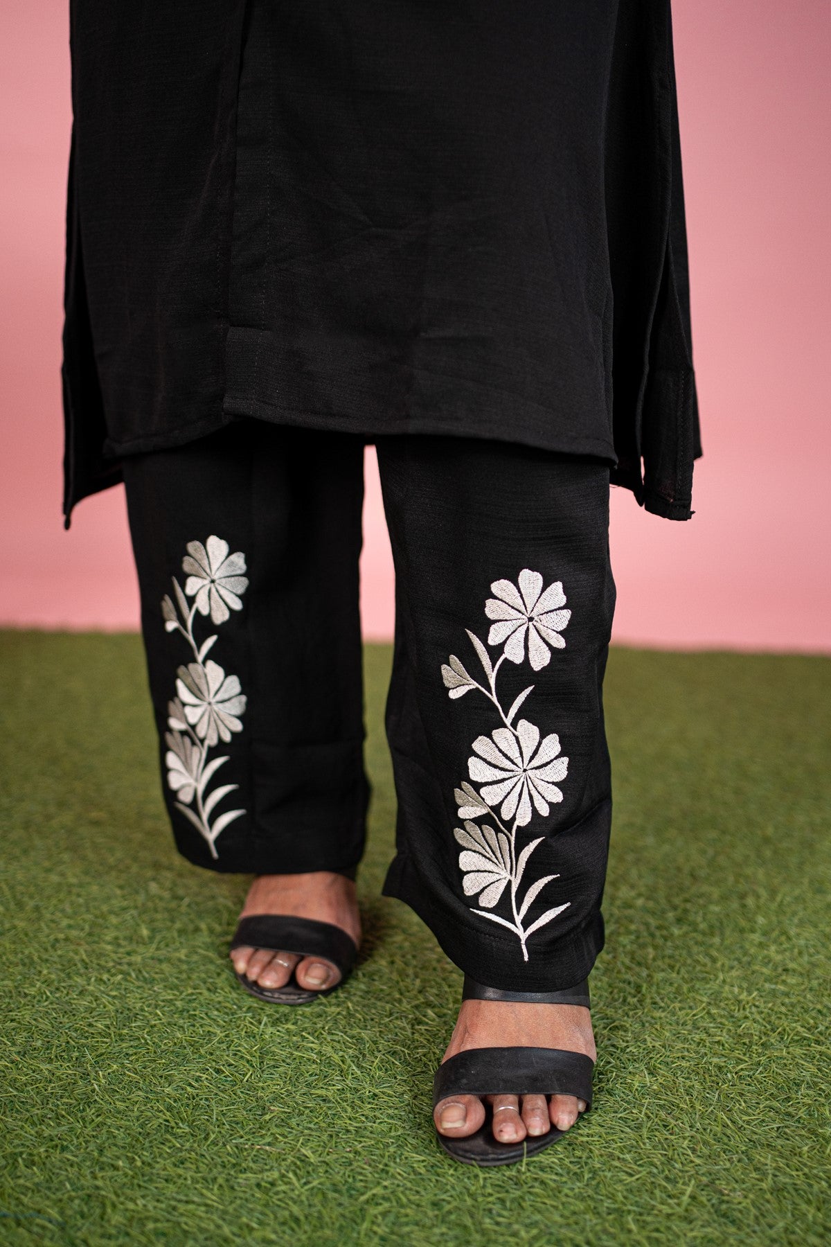 Rayon Twill Embroidered Black Kurti Set
