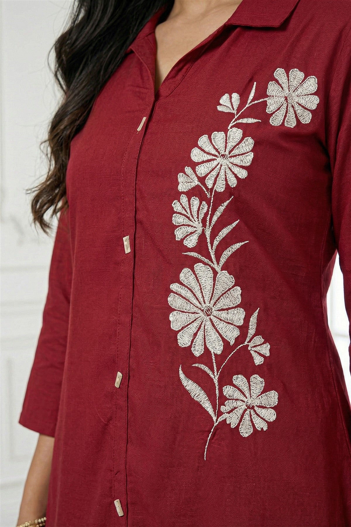 Rayon Twill Embroidered Maroon Kurti Set