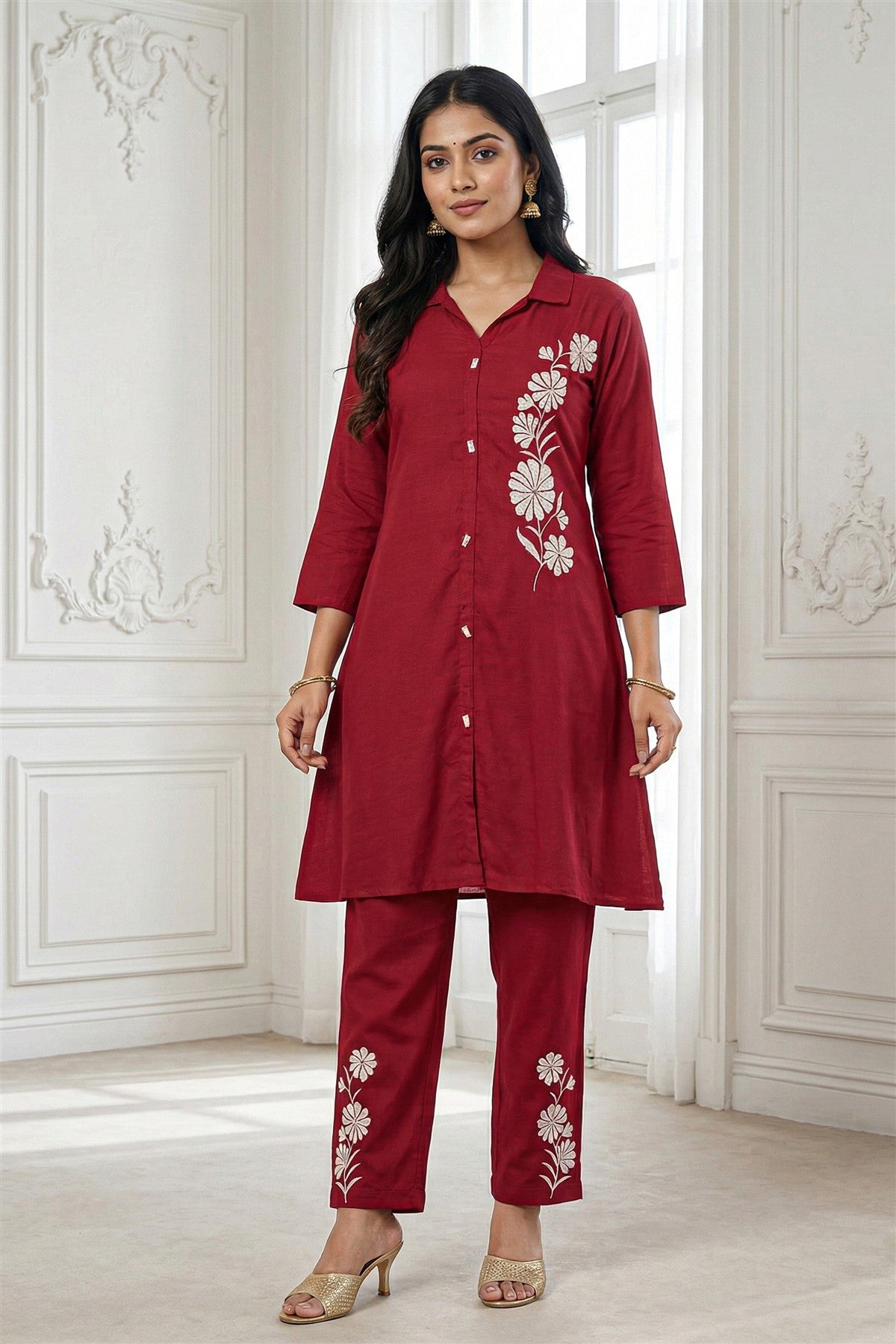 Rayon Twill Embroidered Maroon Kurti Set