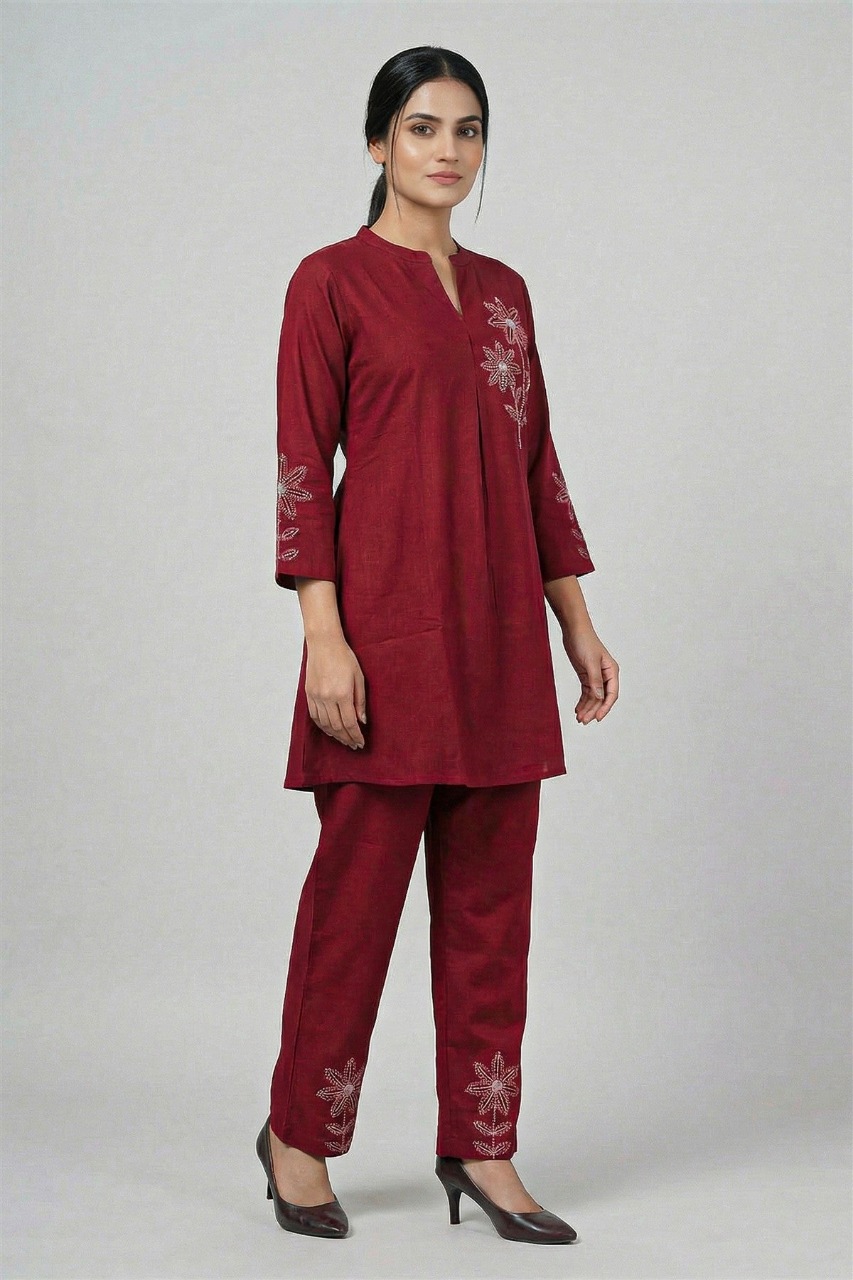 Rayon Twill Embroidered Maroon Kurti Set