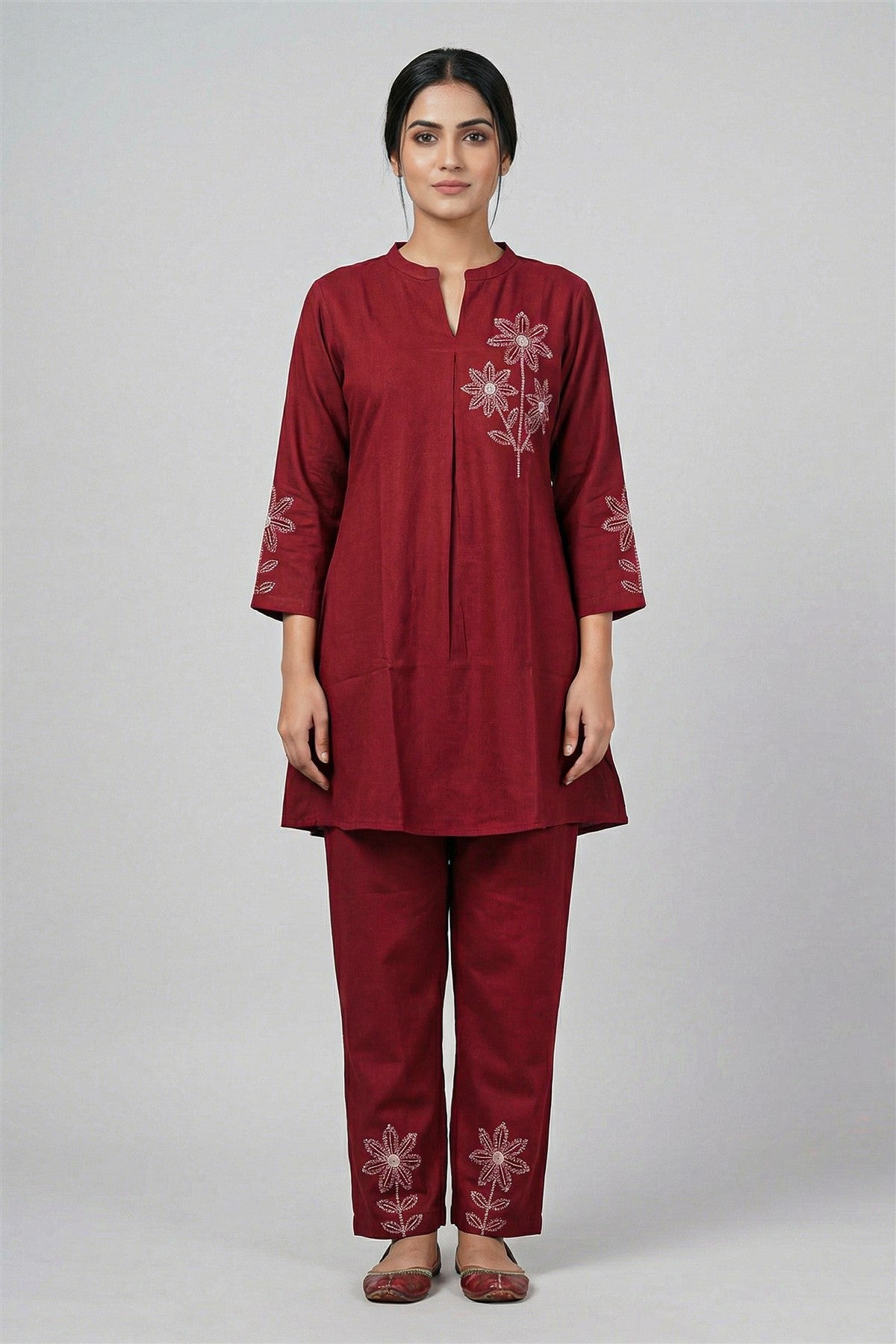 Rayon Twill Embroidered Maroon Kurti Set