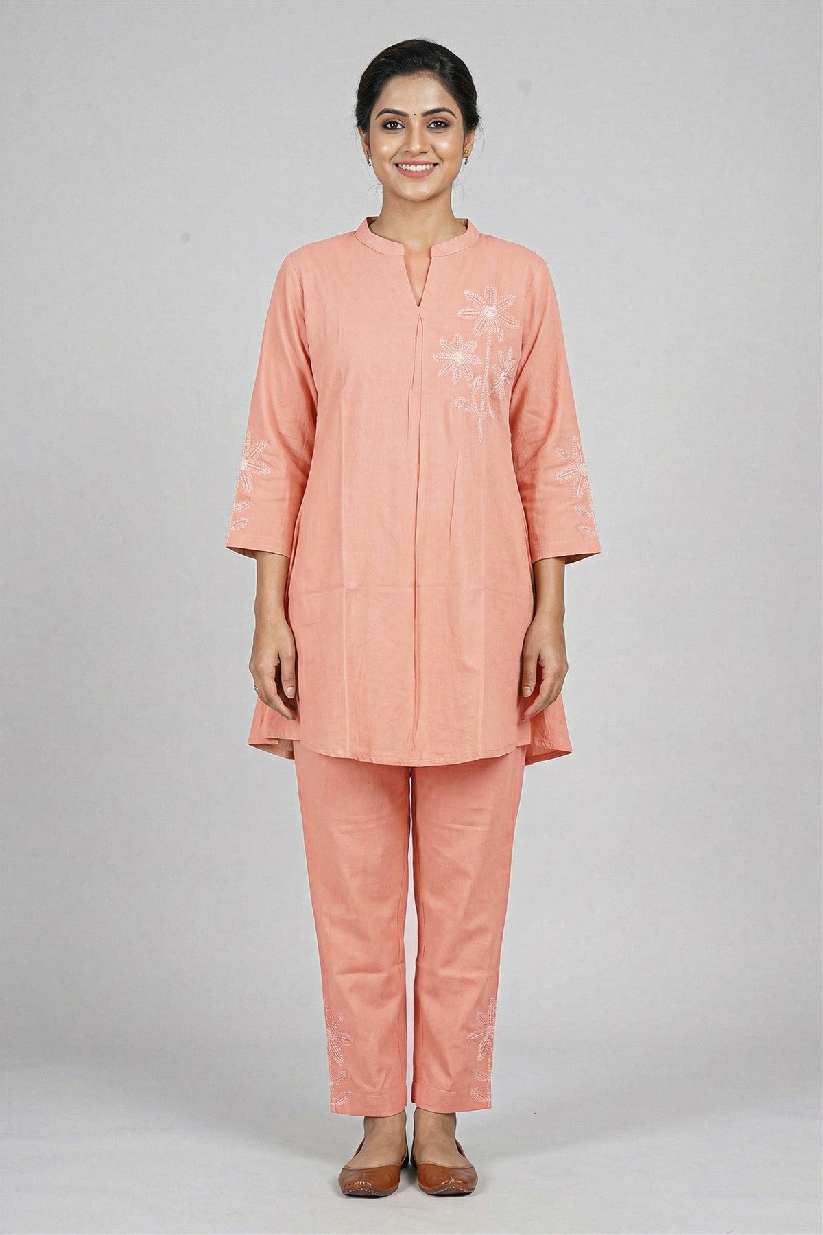 Rayon Twill Embroidered Peach Kurti Set