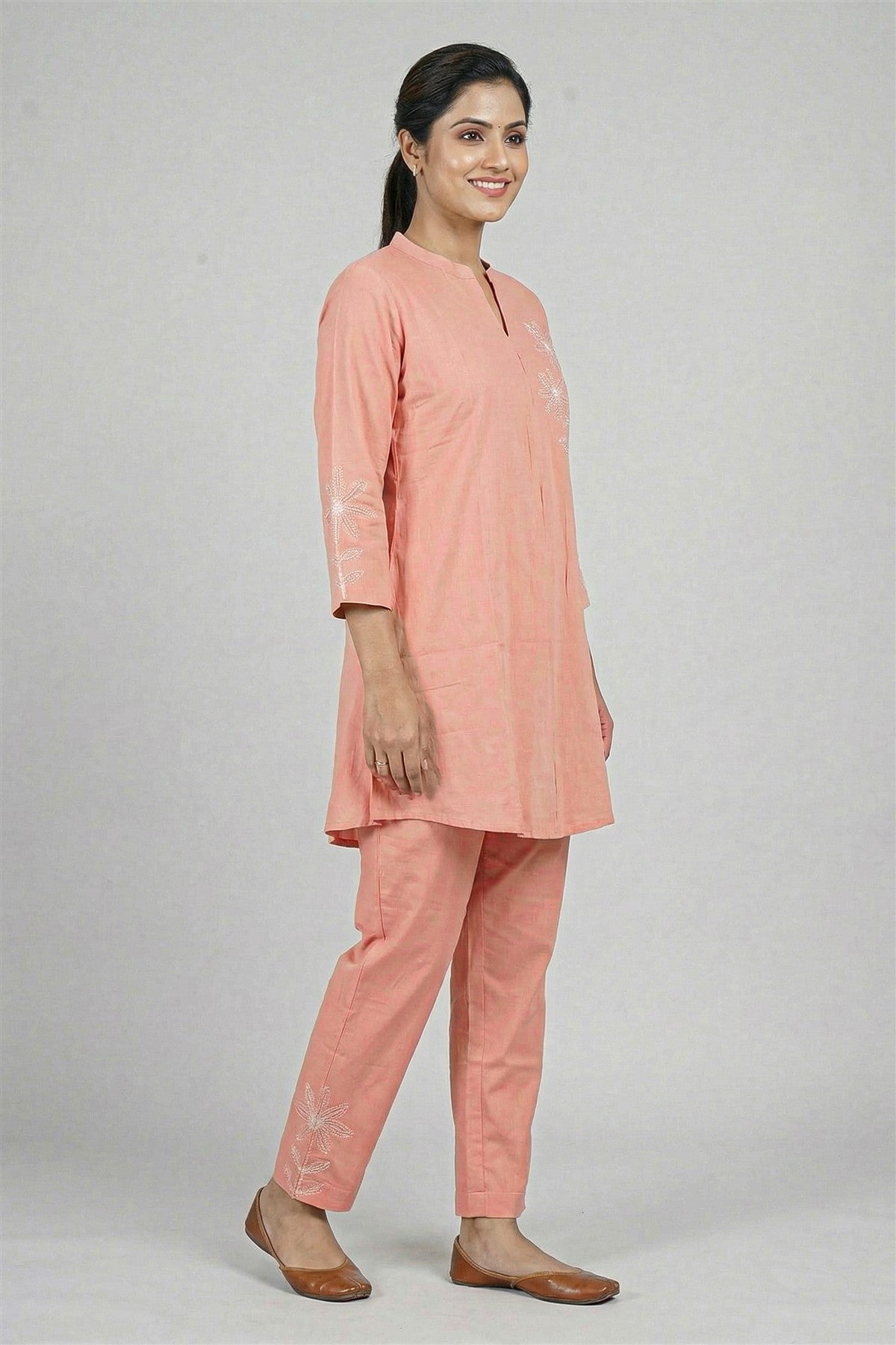Rayon Twill Embroidered Peach Kurti Set