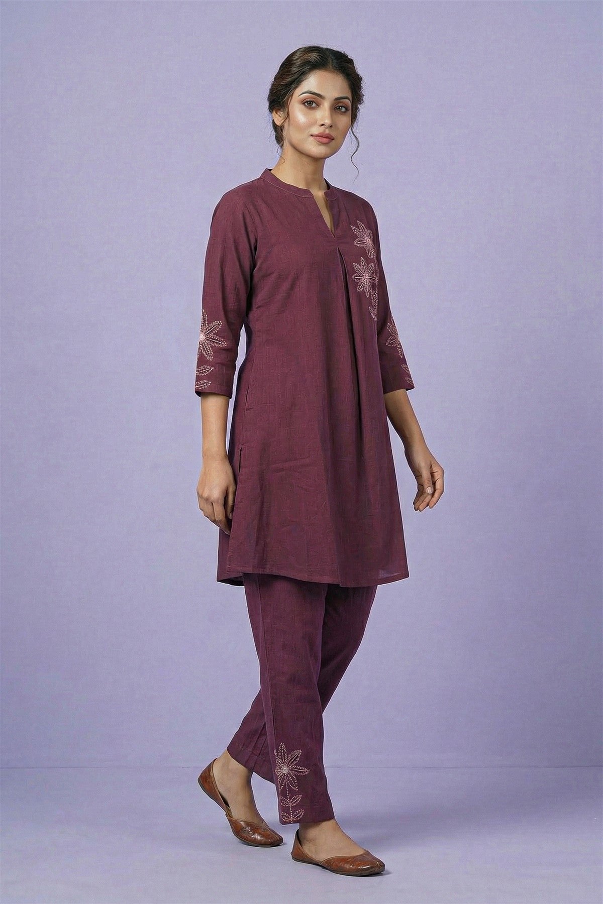 Rayon Twill Embroidered Wine Kurti Set