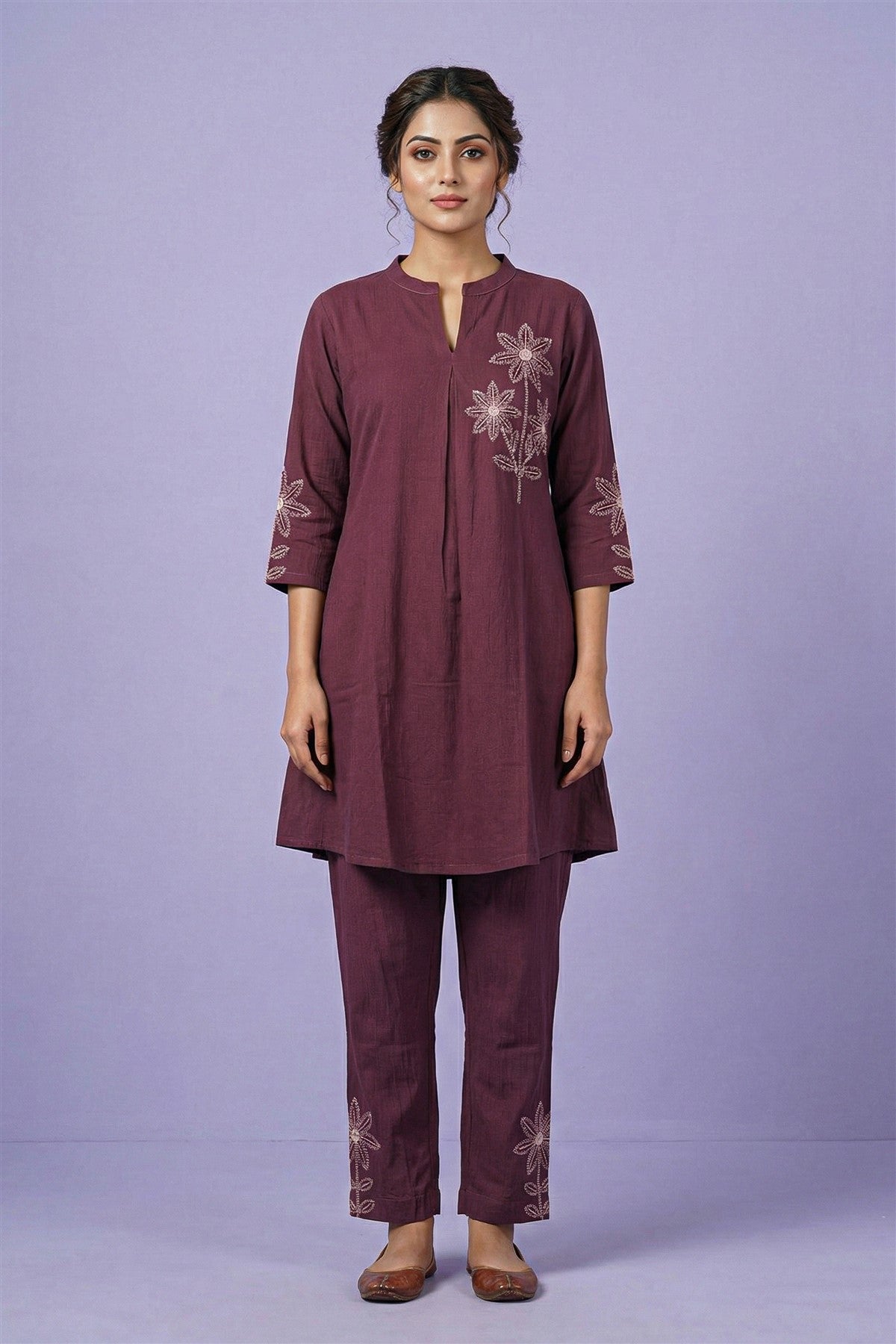 Rayon Twill Embroidered Wine Kurti Set