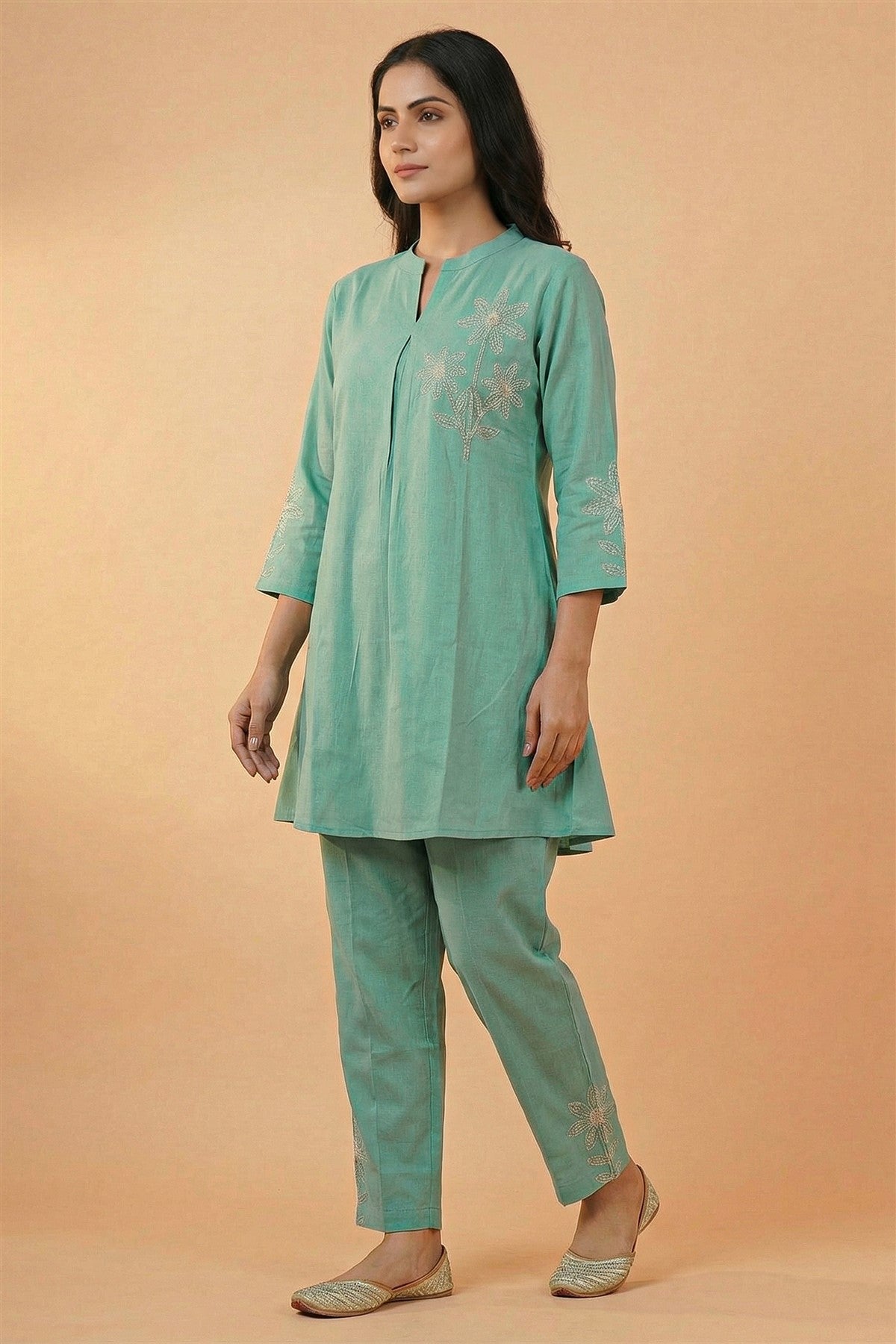 Rayon Twill Embroidered Sea Green Kurti Set