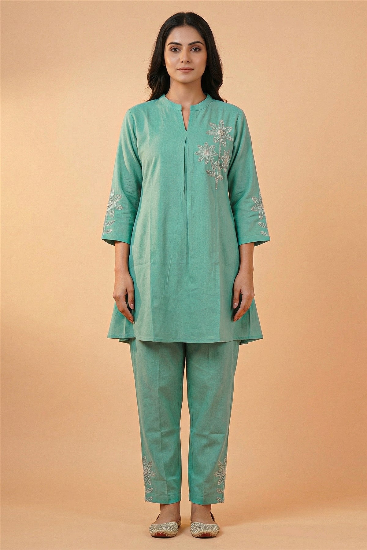 Rayon Twill Embroidered Sea Green Kurti Set