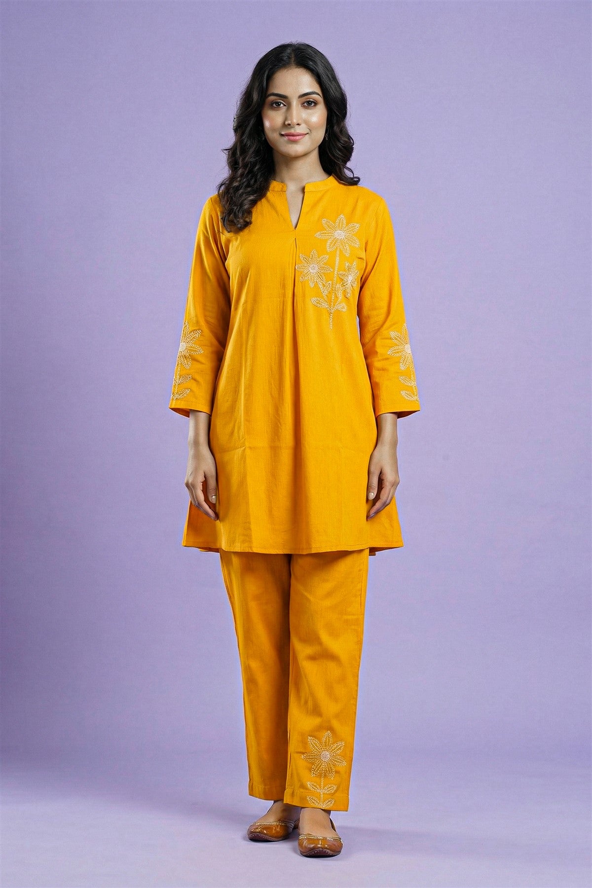 Rayon Twill Embroidered Mustard Yellow Kurti Set