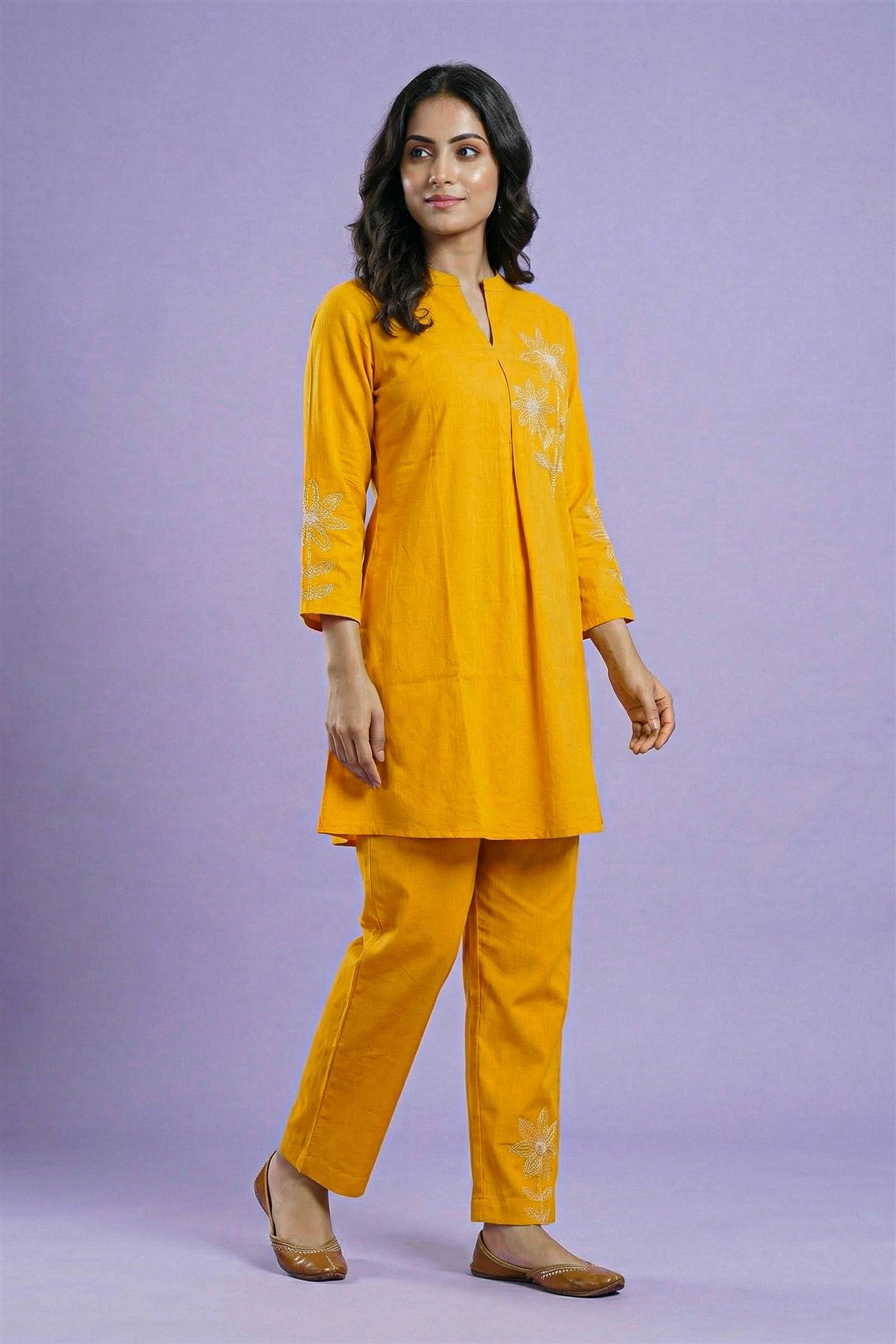 Rayon Twill Embroidered Mustard Yellow Kurti Set