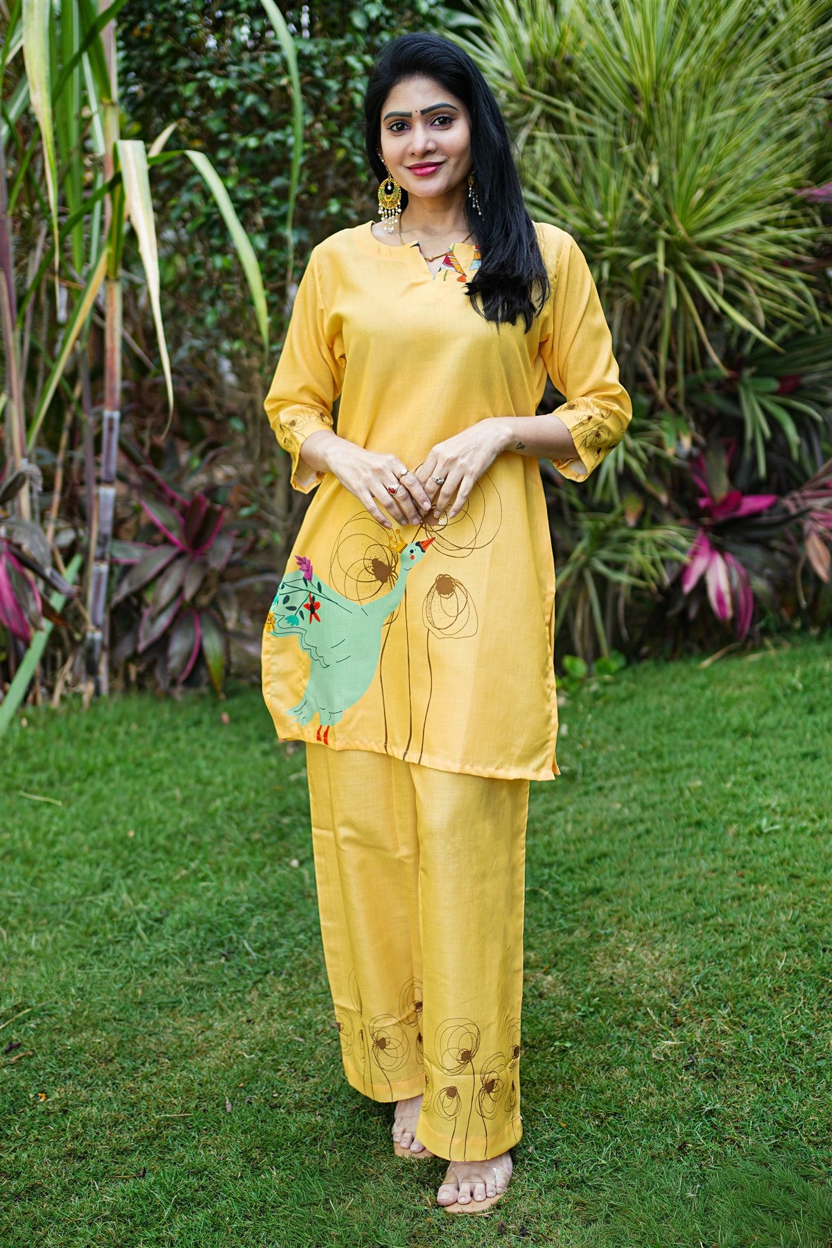 Rayon Twill Printed Yellow Kurti Set