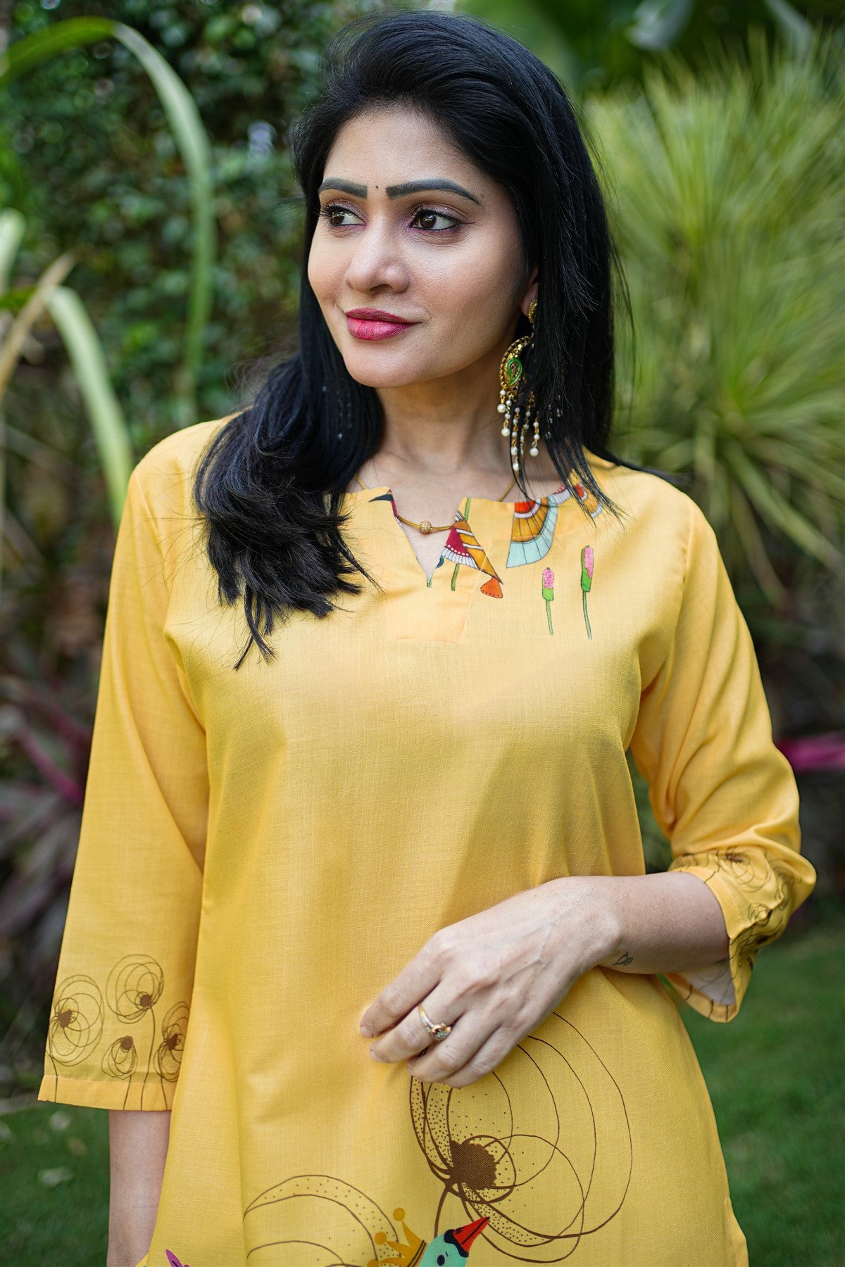 Rayon Twill Printed Yellow Kurti Set
