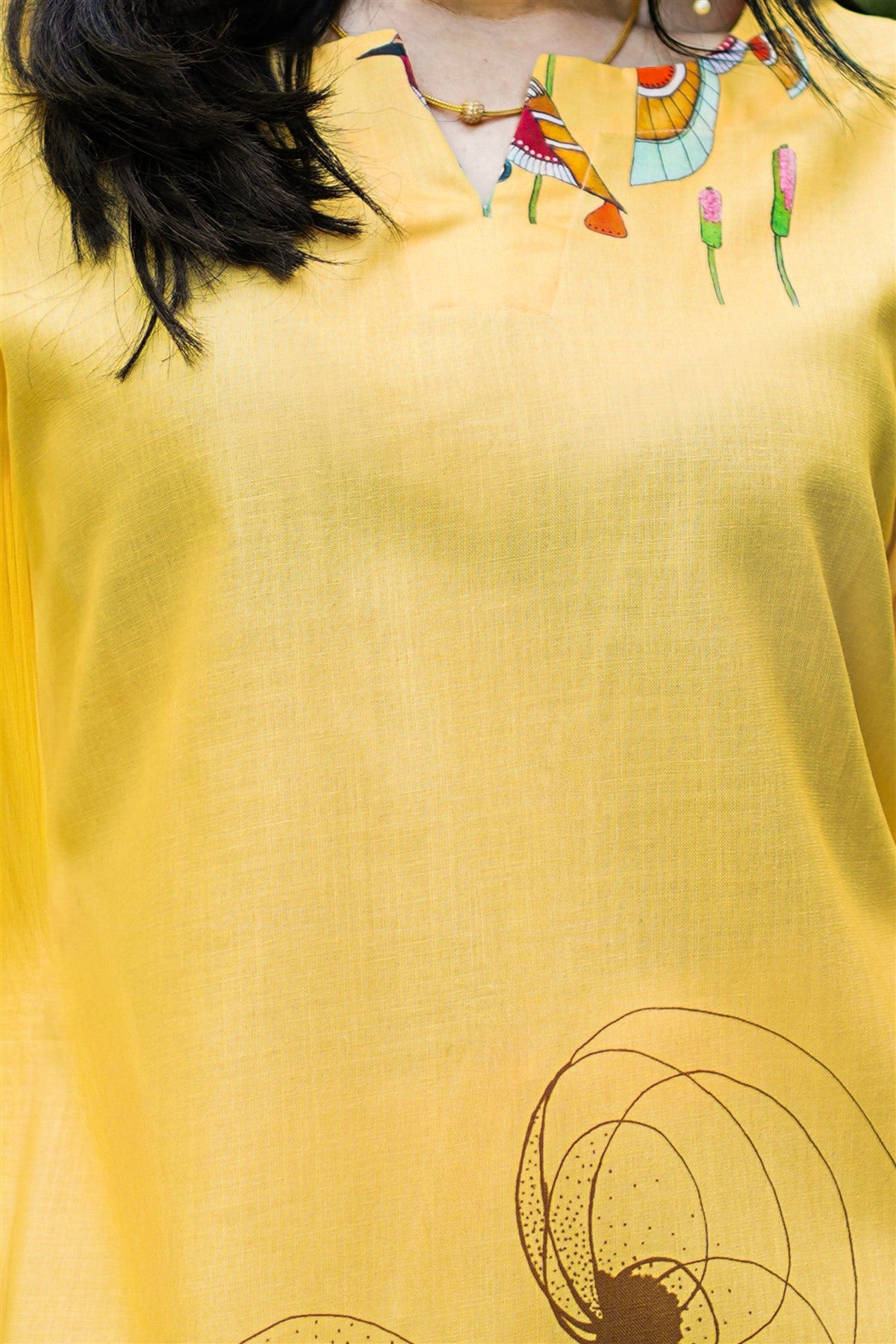 Rayon Twill Printed Yellow Kurti Set