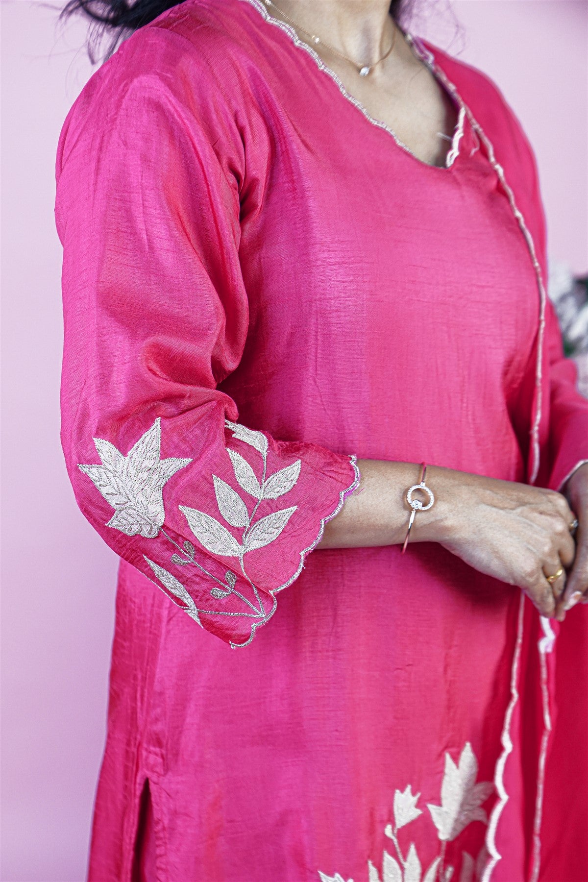 Silk Embroidered Magenta Kurti Set With Dupatta