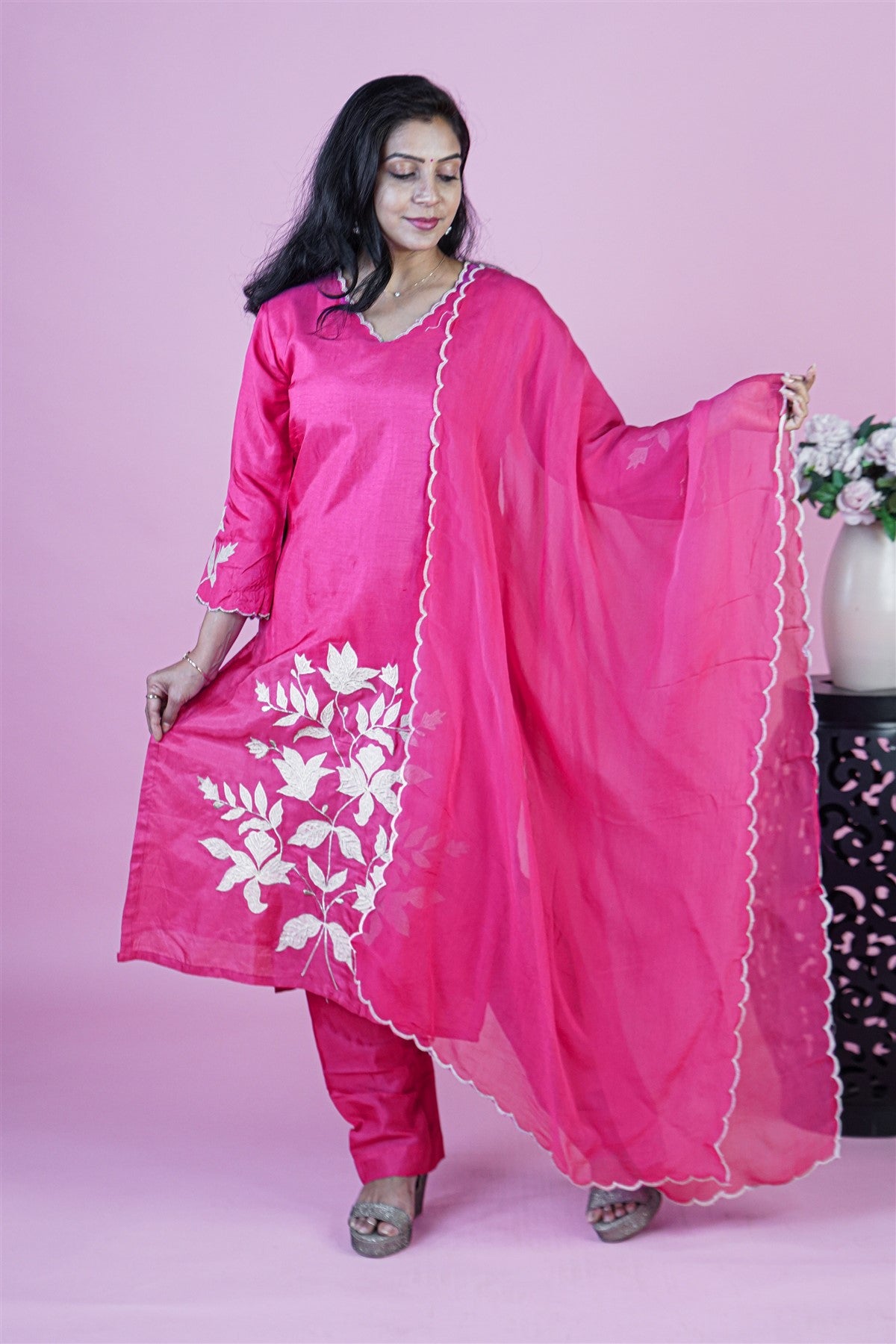 Silk Embroidered Magenta Kurti Set With Dupatta