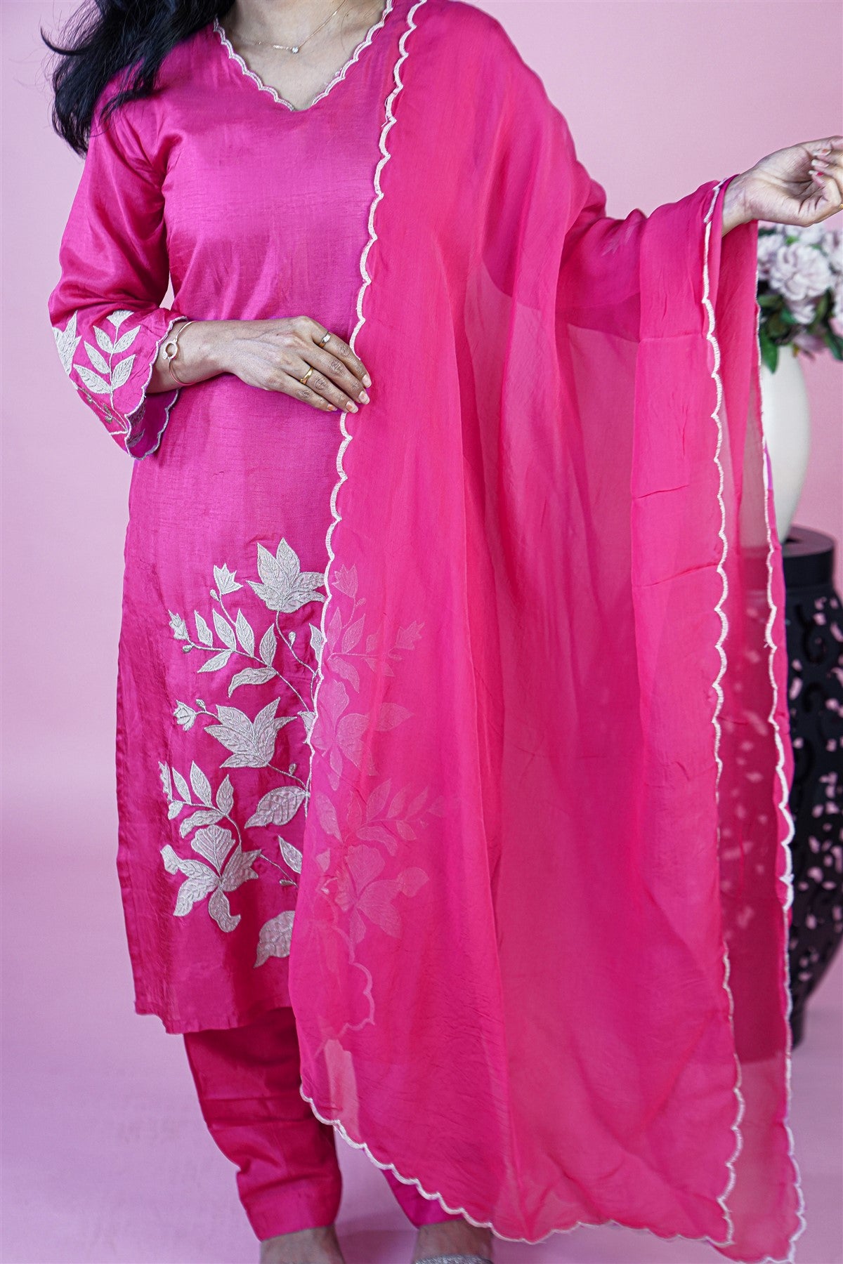 Silk Embroidered Magenta Kurti Set With Dupatta