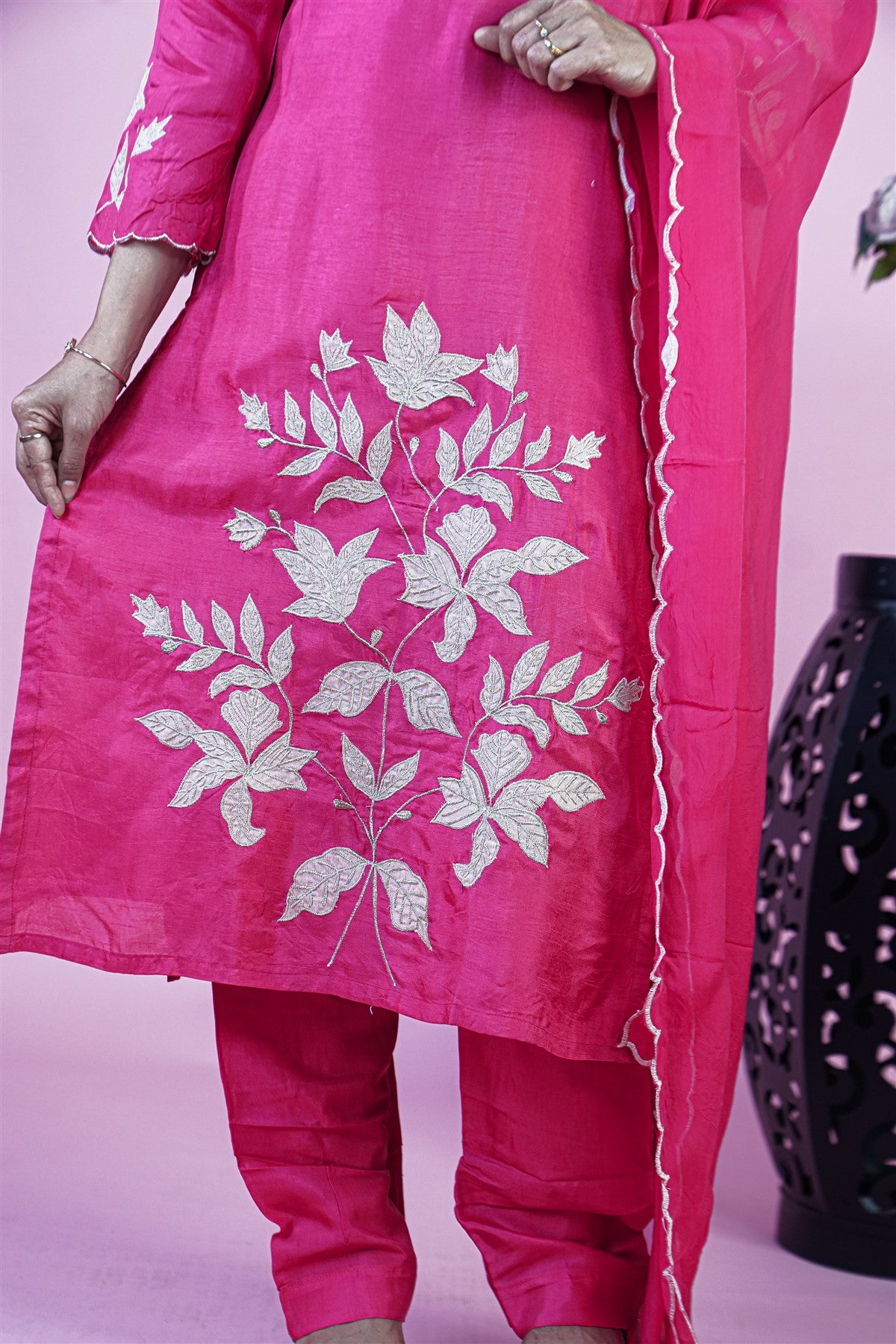 Silk Embroidered Magenta Kurti Set With Dupatta