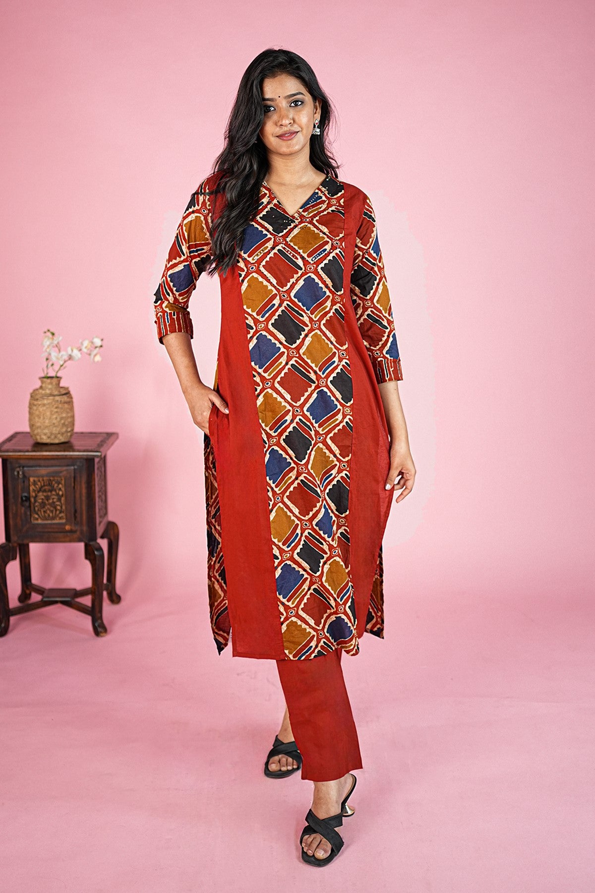 Cotton Printed Maroon Kurti Set