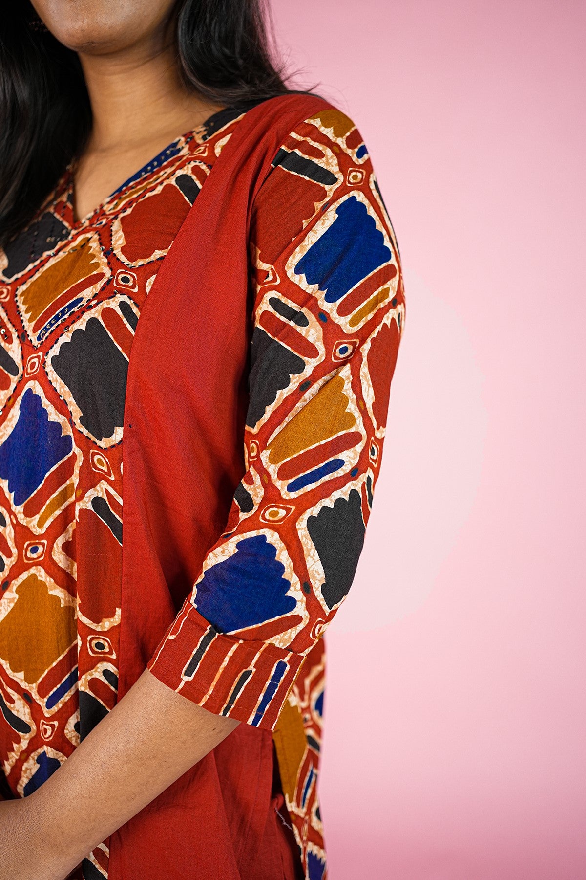 Cotton Printed Maroon Kurti Set