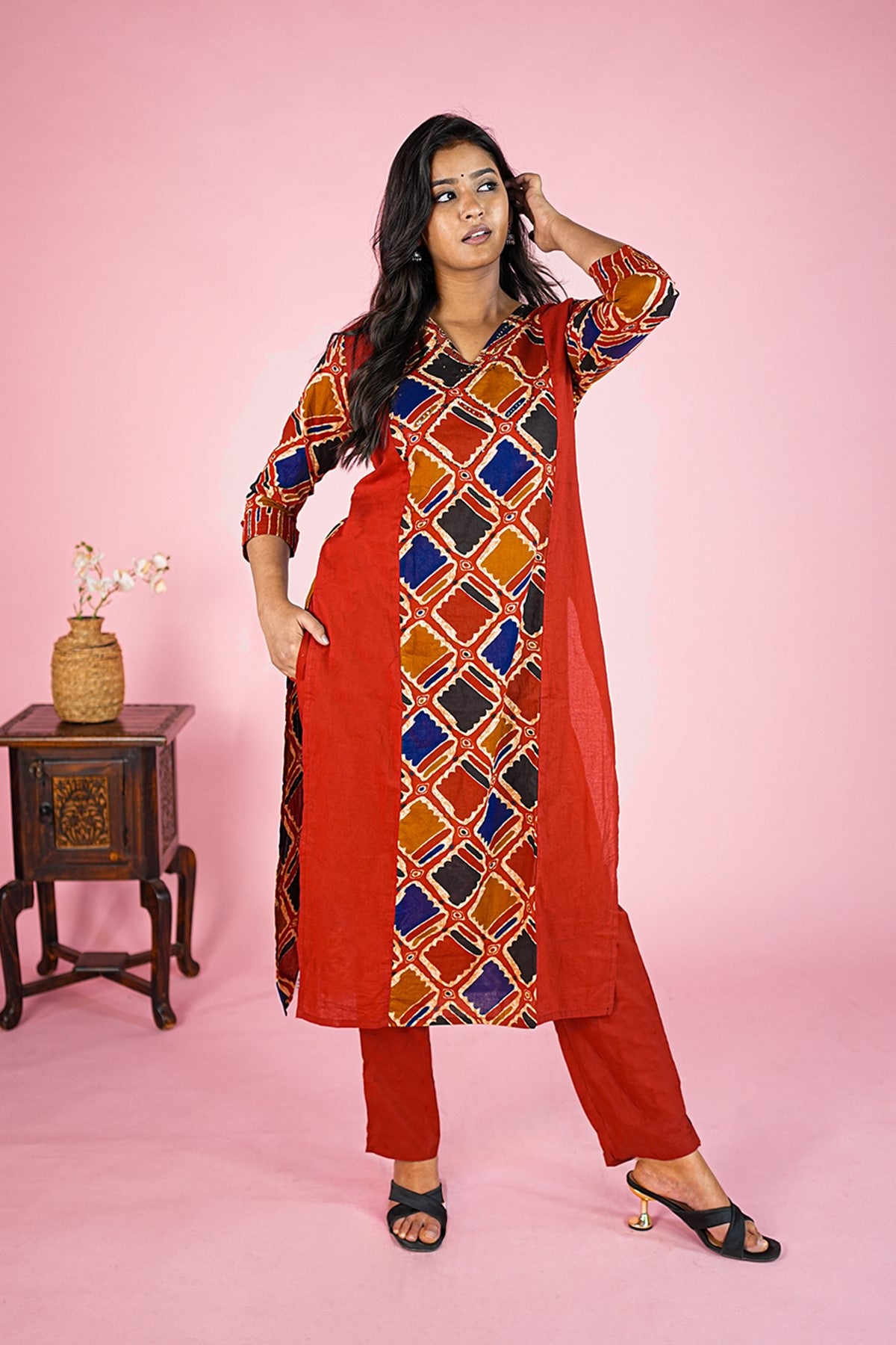 Cotton Printed Maroon Kurti Set