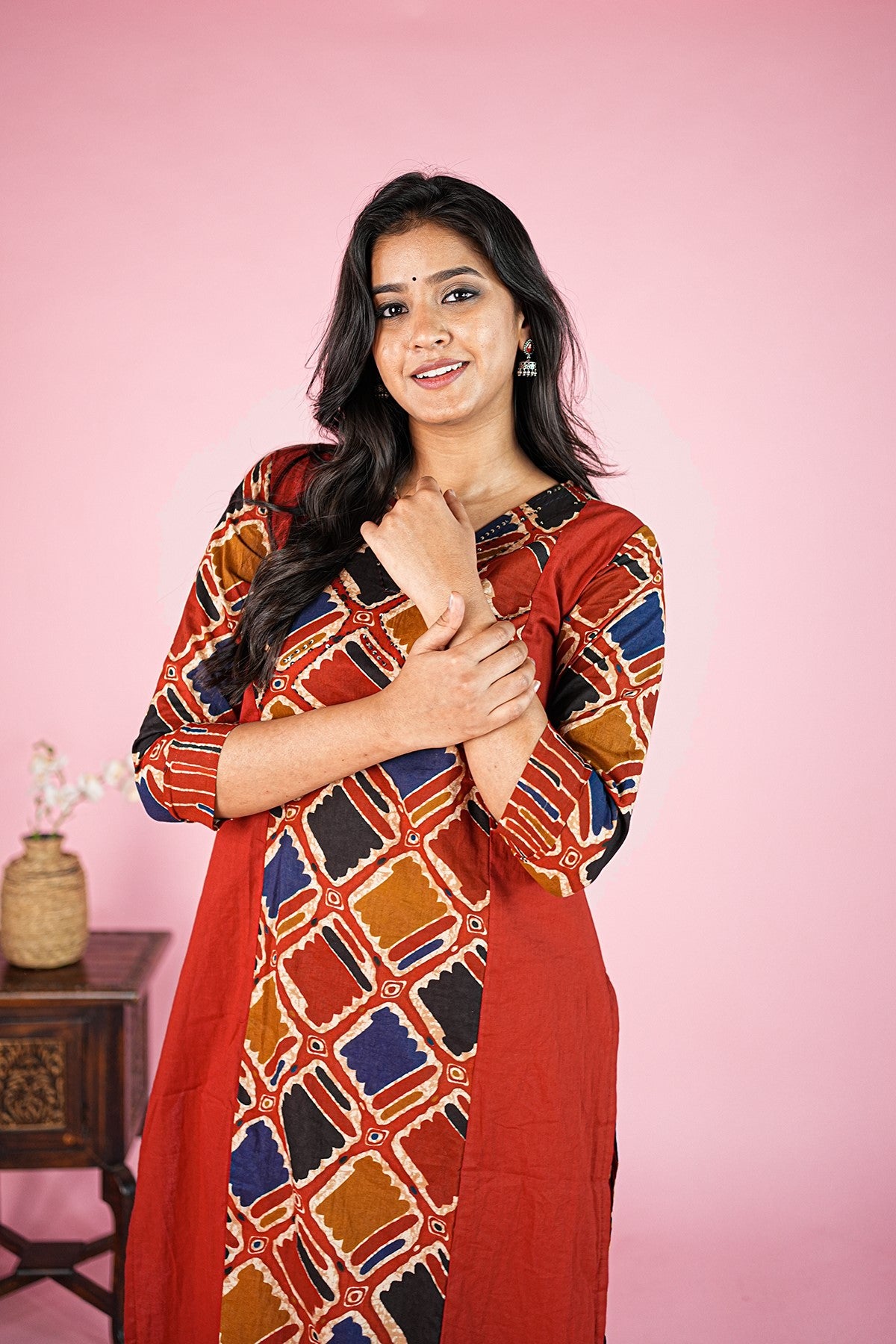 Cotton Printed Maroon Kurti Set